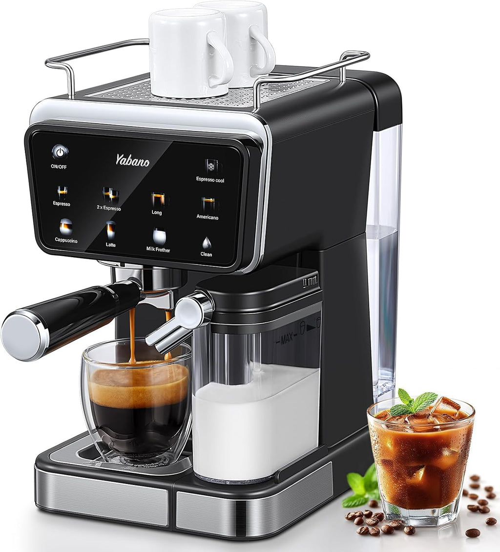 Yabano Espresso Machine with LED Touch Screen, 20 Bar Pressure & Automatic Milk Frother, 1.5L Water Tank, for Cappuccino, Americano & Latte, 1350W
