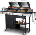Charcoal and 3-Burner Propane Gas Combo Grill with Side Burner & Porcelain-enameled Cast Iron Grates, Dual Fuel BBQ Combo Grill for Outdoor Cooking