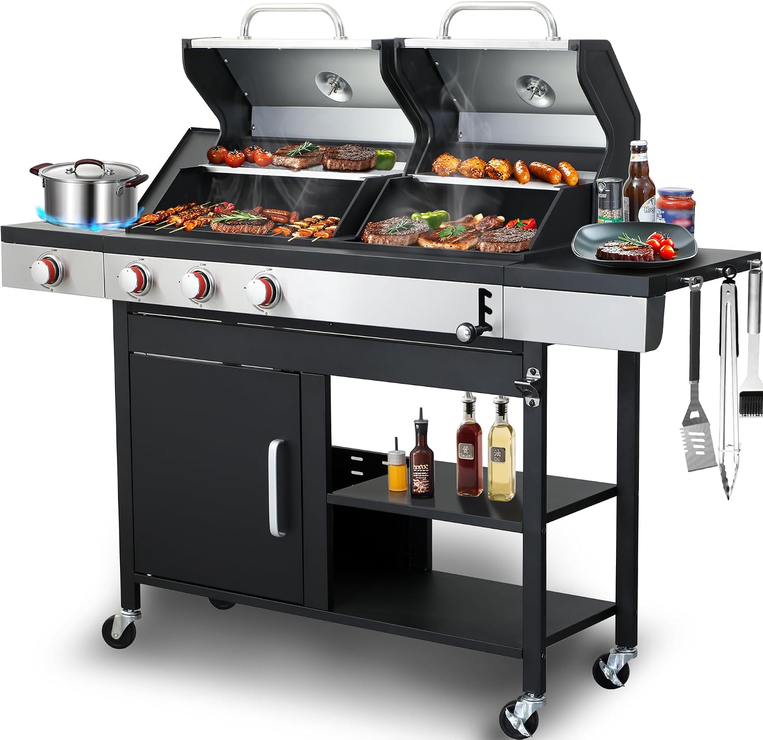 Charcoal and 3-Burner Propane Gas Combo Grill with Side Burner & Porcelain-enameled Cast Iron Grates, Dual Fuel BBQ Combo Grill for Outdoor Cooking