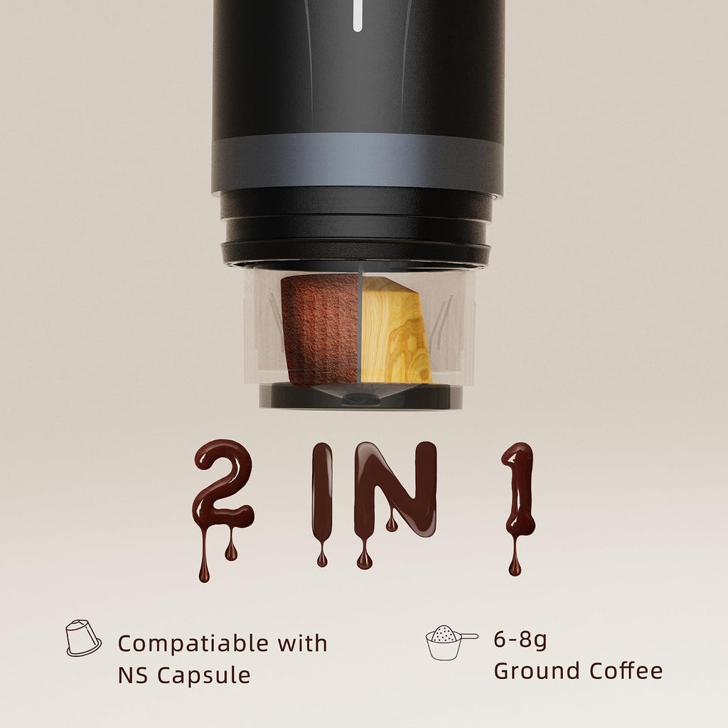 Portable Espresso Maker,Self-Heating Electric Mini Coffee Machine,Up to 20-Bar Pressure,Compatible with NS Capsules & Fine Grind,Coffee Maker for Outdoor Camping,Hiking,RV & Car, travel (Black)