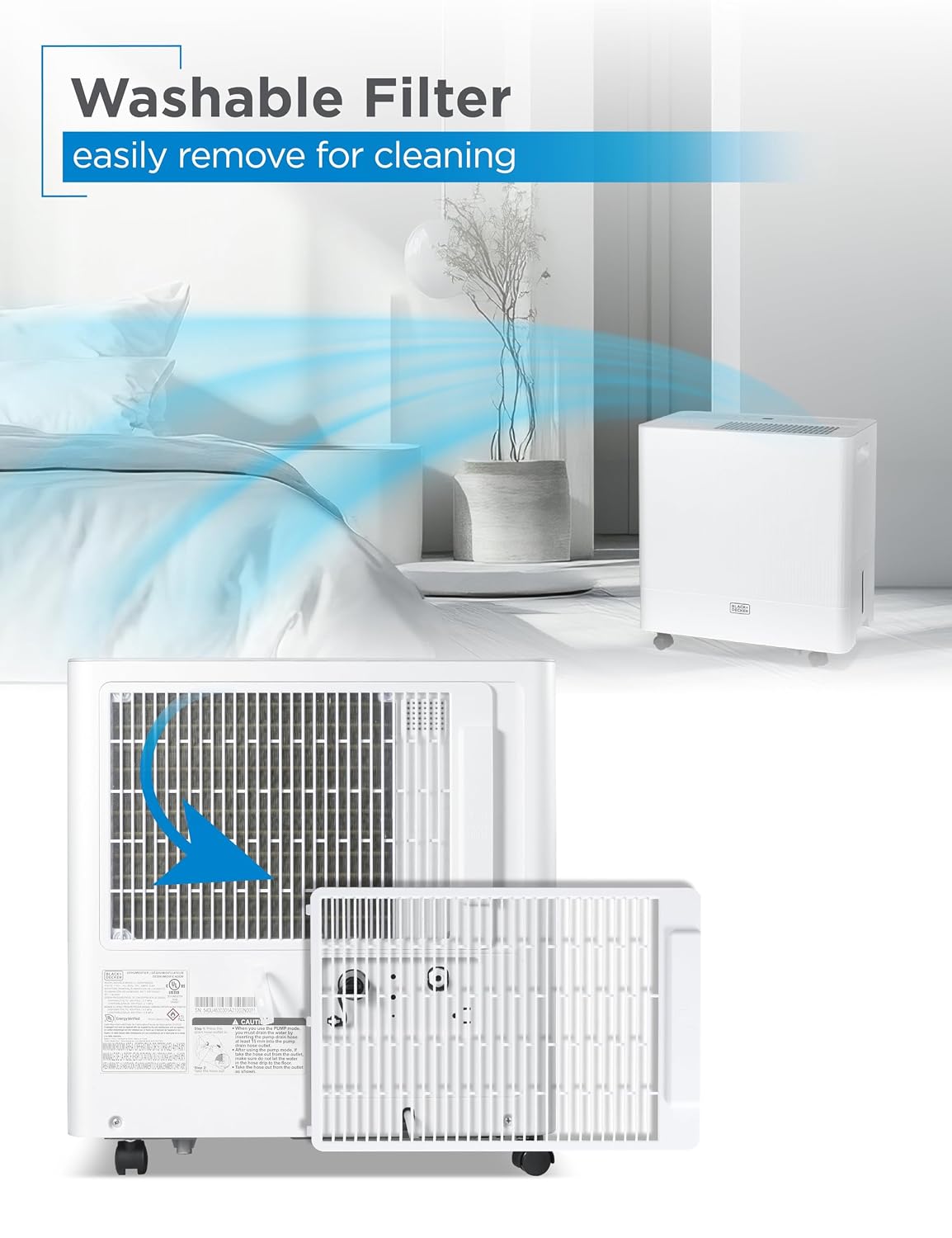 BLACK+DECKER 50-Pint Portable Dehumidifier with Built-in Pump, Dehumidifier with Pump for up to 4500 Sq. Ft., For Home and Large Spaces, Removable Bucket and Drain Hoses Included, BD50PMWSA, White
