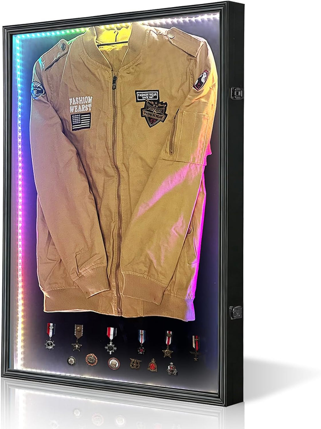 KCRasan LED Military Uniform Display Case - Police Uniform Display Frame - Uniform Shadow Box Wall Cabinet with Uv Protection Acrylic Door for Collection Military Uniform Black