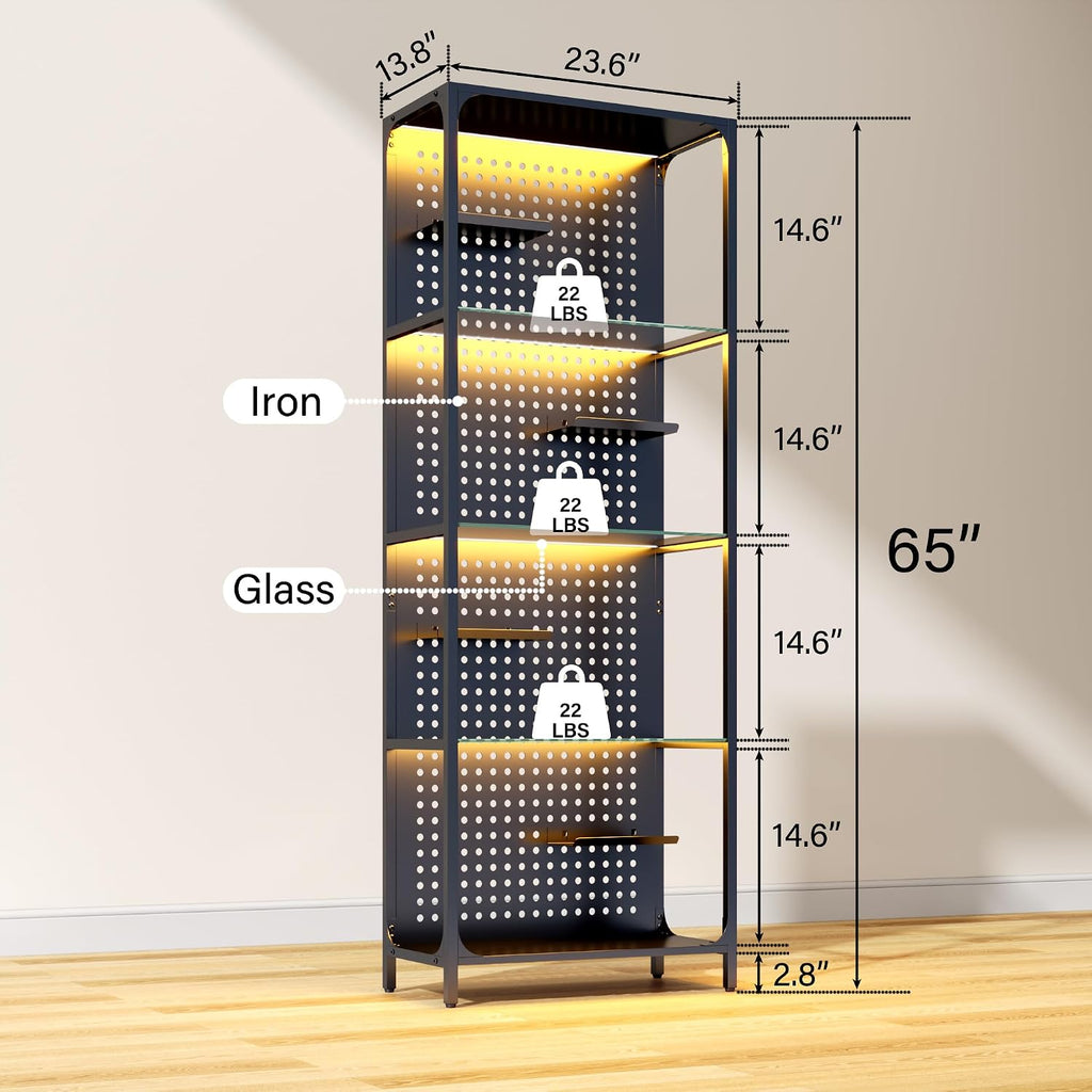 kepptory LED Display Shelf for Collectibles, 4-Tier Glass Shelf with Small Display Shelves and Pegboard Design, Tall Narrow Gaming Shelves with Anti-Tipping Device, Black (65 Inch)