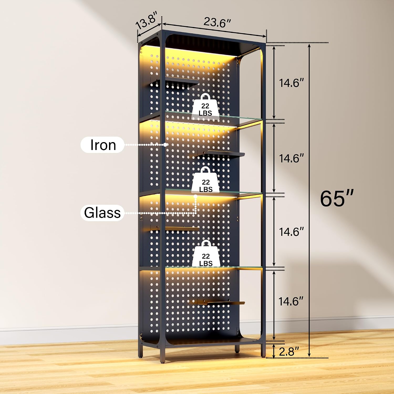 kepptory LED Display Shelf for Collectibles, 4-Tier Glass Shelf with Small Display Shelves and Pegboard Design, Tall Narrow Gaming Shelves with Anti-Tipping Device, Black (65 Inch)