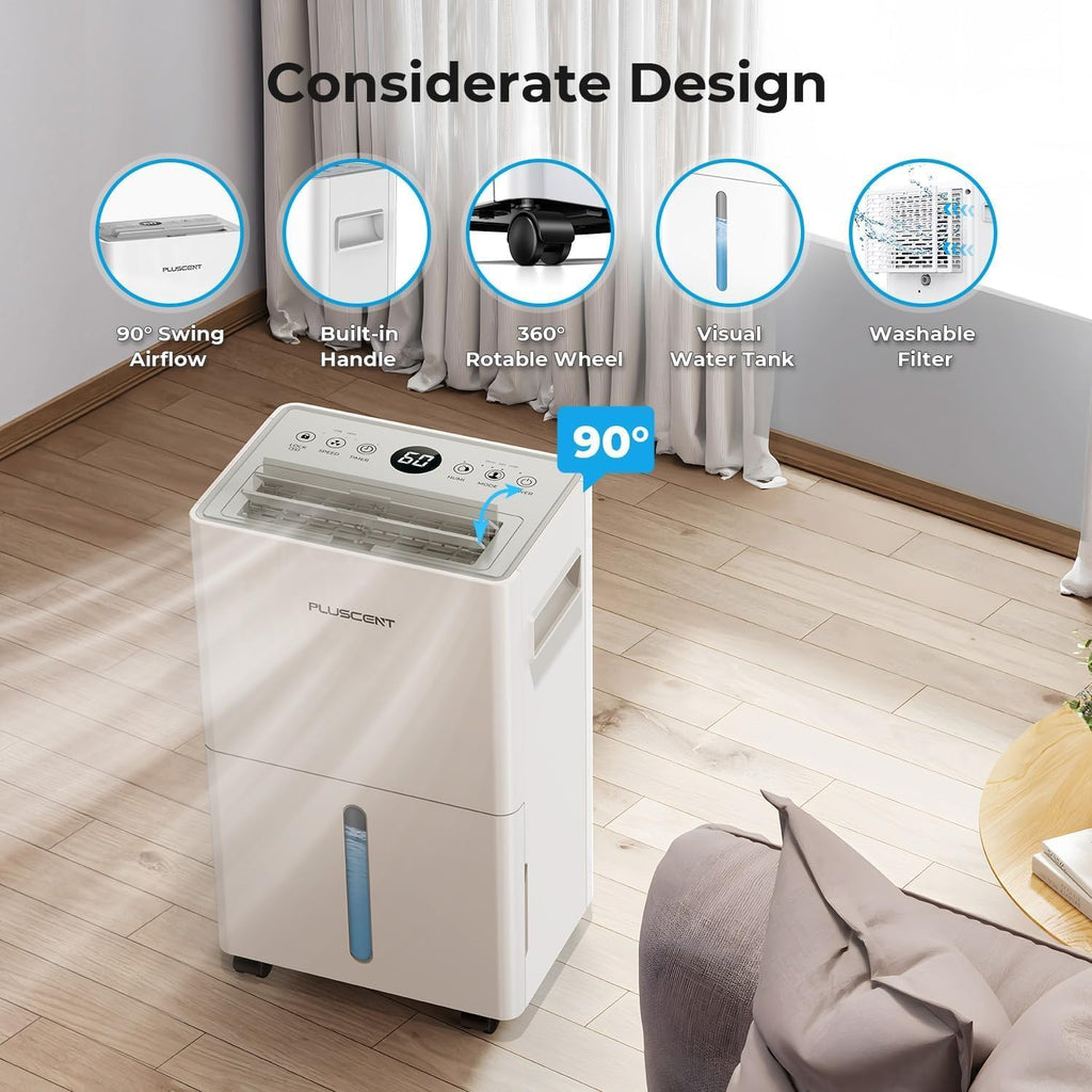1500 Sq.ft Dehumidifier for Basement, PLUSCENT Max 21 Pint/Day Dehumidifiers for Home, Large Room, Bedroom with Drain Hose, Smart Humidity Control & Monitor, 3 Operation Modes, 24H Timer, Auto Defrost