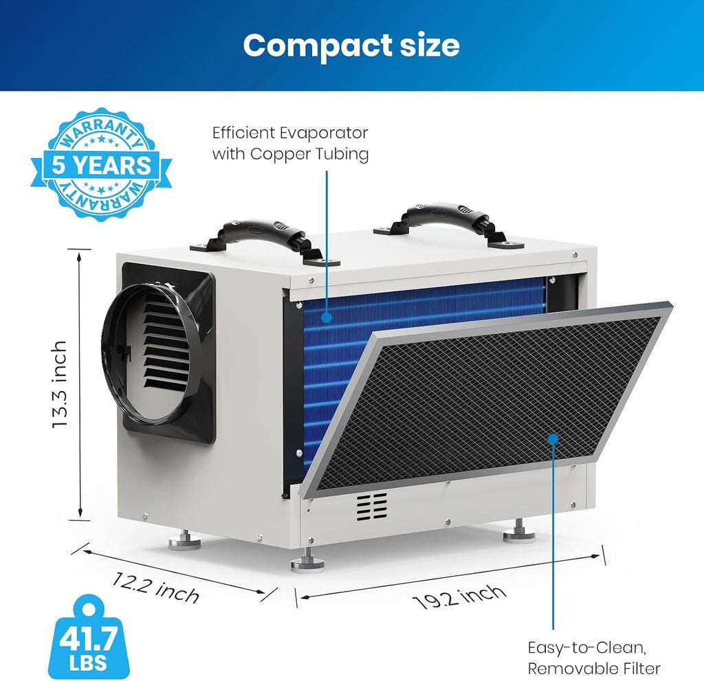 BaseAire Crawlspace Dehumidifier,113 Pints Commercial Dehumidifiers with Drain Hose for Whole House Basement, Industry, Compact, Auto Defrost, Memory Starting, Up to 1200 Sq Ft
