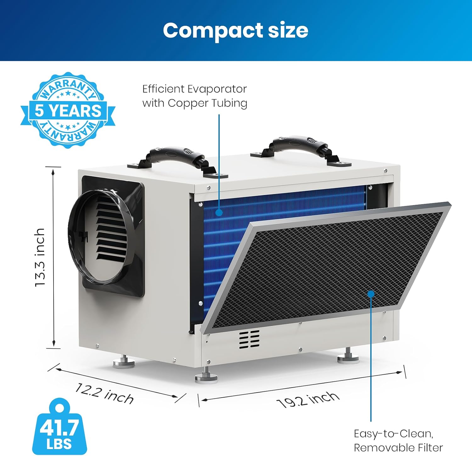 BaseAire Crawlspace Dehumidifier,113 Pints Commercial Dehumidifiers with Drain Hose for Whole House Basement, Industry, Compact, Auto Defrost, Memory Starting, Up to 1200 Sq Ft