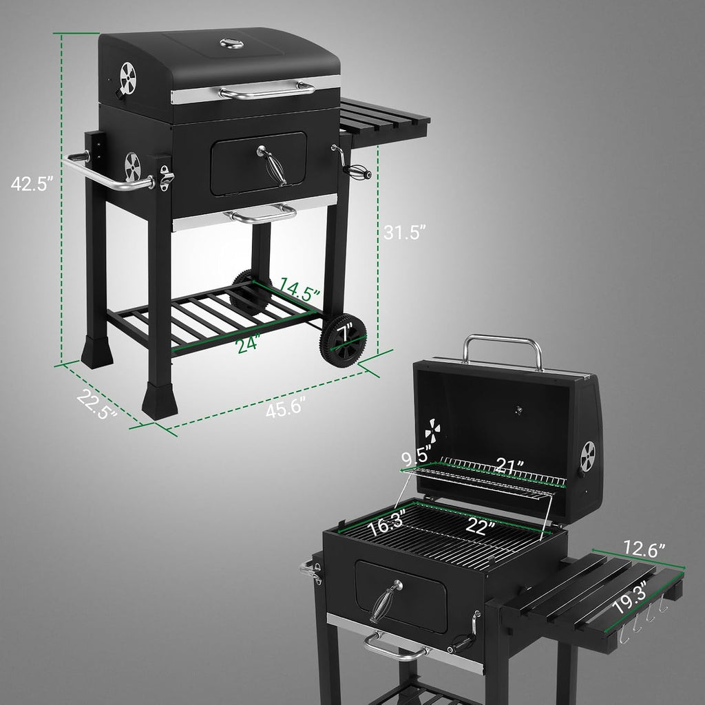 ROVSUN Charcoal Grill with Side Tables, Large Cooking Area, Individual Lifting Charcoal Trays, Pull-Out Ash Tray, BBQ Grill for Outdoor, Picnic, Backyard, Parties