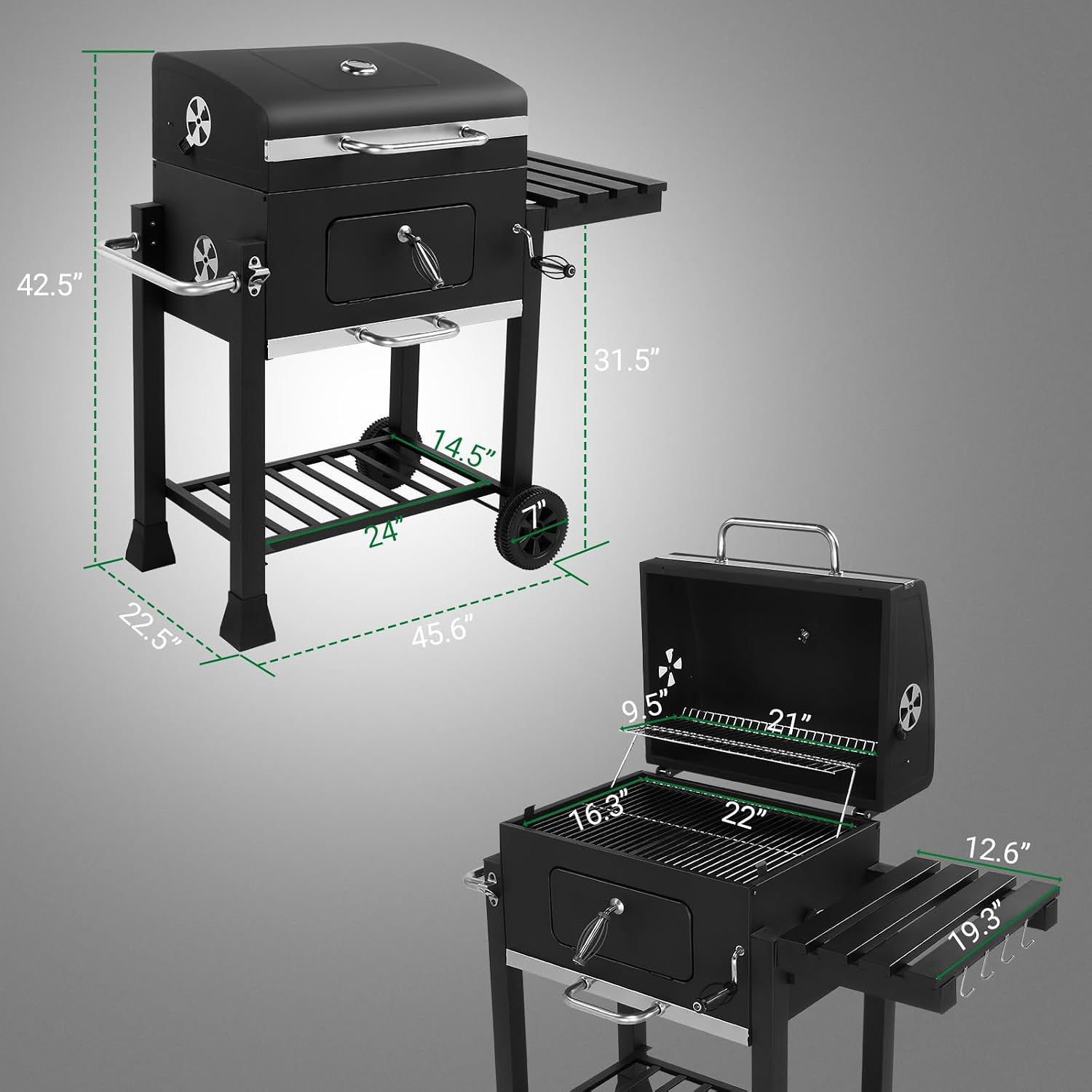 ROVSUN Charcoal Grill with Side Tables, Large Cooking Area, Individual Lifting Charcoal Trays, Pull-Out Ash Tray, BBQ Grill for Outdoor, Picnic, Backyard, Parties