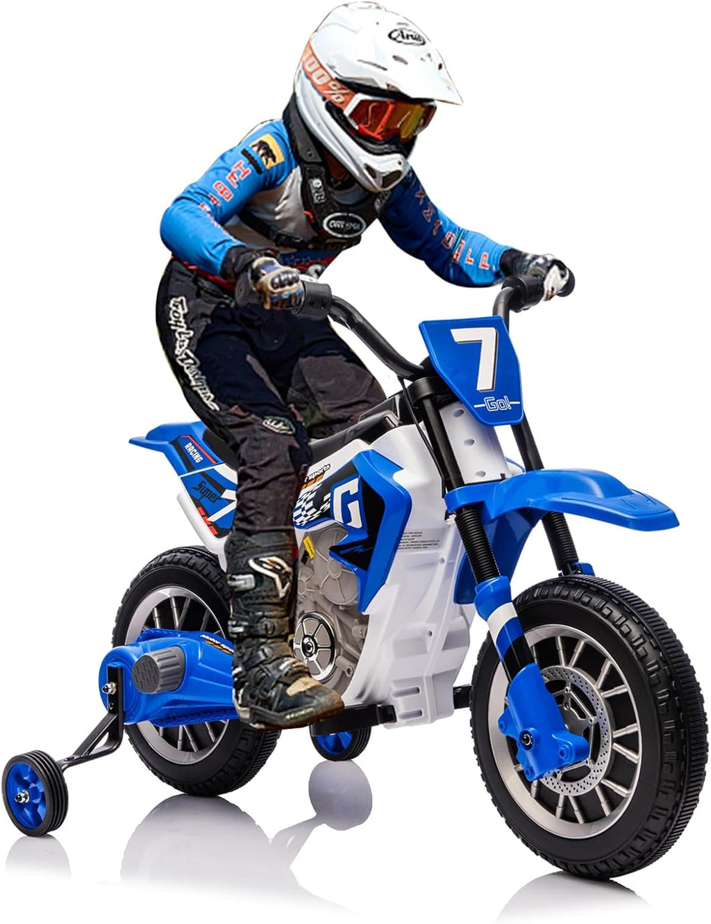 JOYLDIAS Kids Motorcycle, 12V7AH Ride On Motorcycle for Kids w/Training Wheels, Music, Spring Suspension, High/Low Speeds, Blue