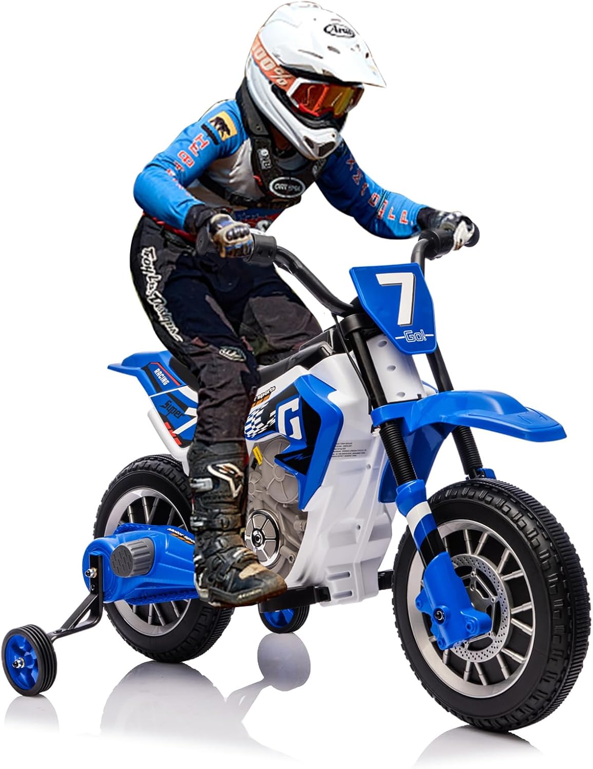 JOYLDIAS Kids Motorcycle, 12V7AH Ride On Motorcycle for Kids w/Training Wheels, Music, Spring Suspension, High/Low Speeds, Blue