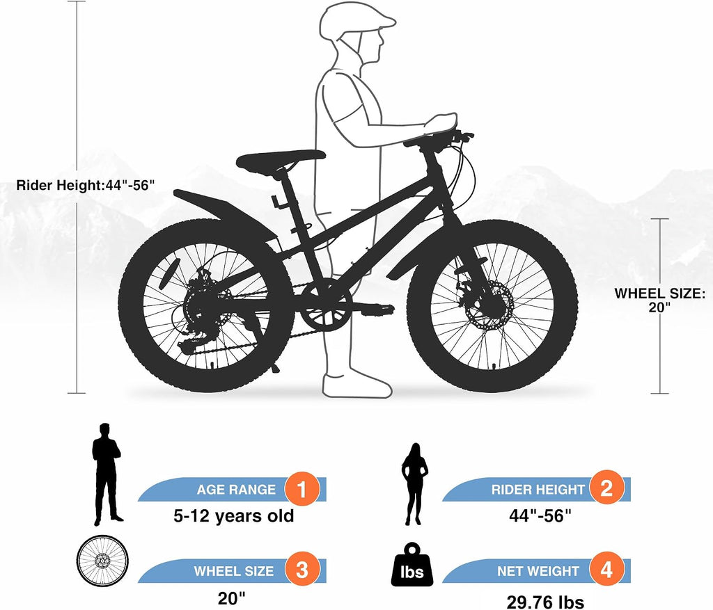 WEEROCK Kid Bike 20/24 Inch Kids MTB Child Mountain Bicycle with 7 Speeds, Steel Frame,20/24 * 3.0 Inch Fat Tires for 5+ Years Old Boys, Girls, Children,Students, Junior, Multip Color