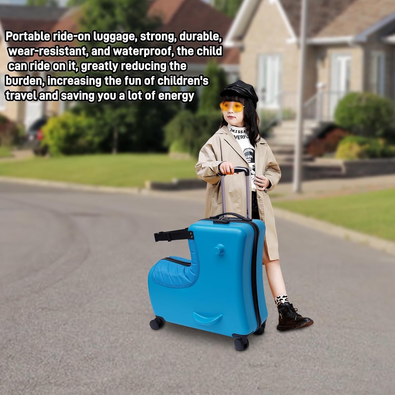 Kids Ride-on Luggage, 24' Carry-on Suitcase with Universal Wheels Trolley Luggage with Password Lock Unisex Riding Luggage for Travel (24', With Leather Cushion,Blue)