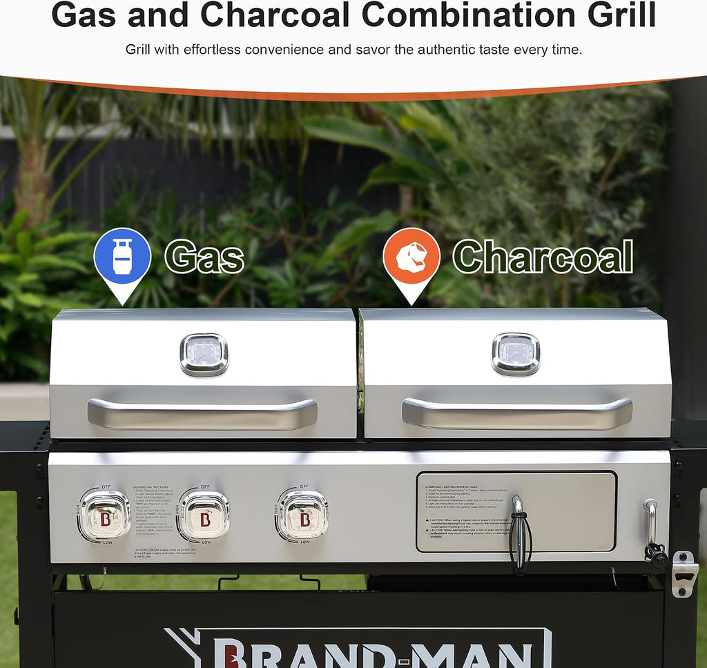Brand-Man Propane Gas and Charcoal Grill Combo,Grill and Griddle Combo Dual Fuel BBQ Grill with Dual Lids for Outdoor Barbecue, Black