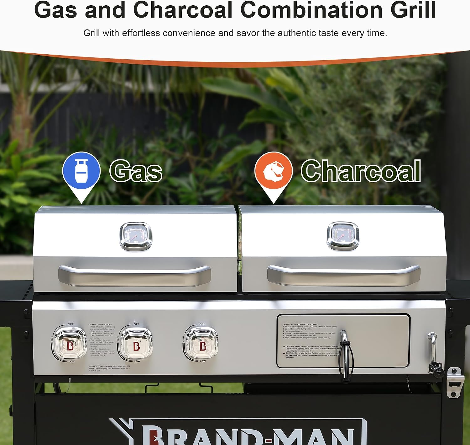 Brand-Man Propane Gas and Charcoal Grill Combo,Grill and Griddle Combo Dual Fuel BBQ Grill with Dual Lids for Outdoor Barbecue, Black