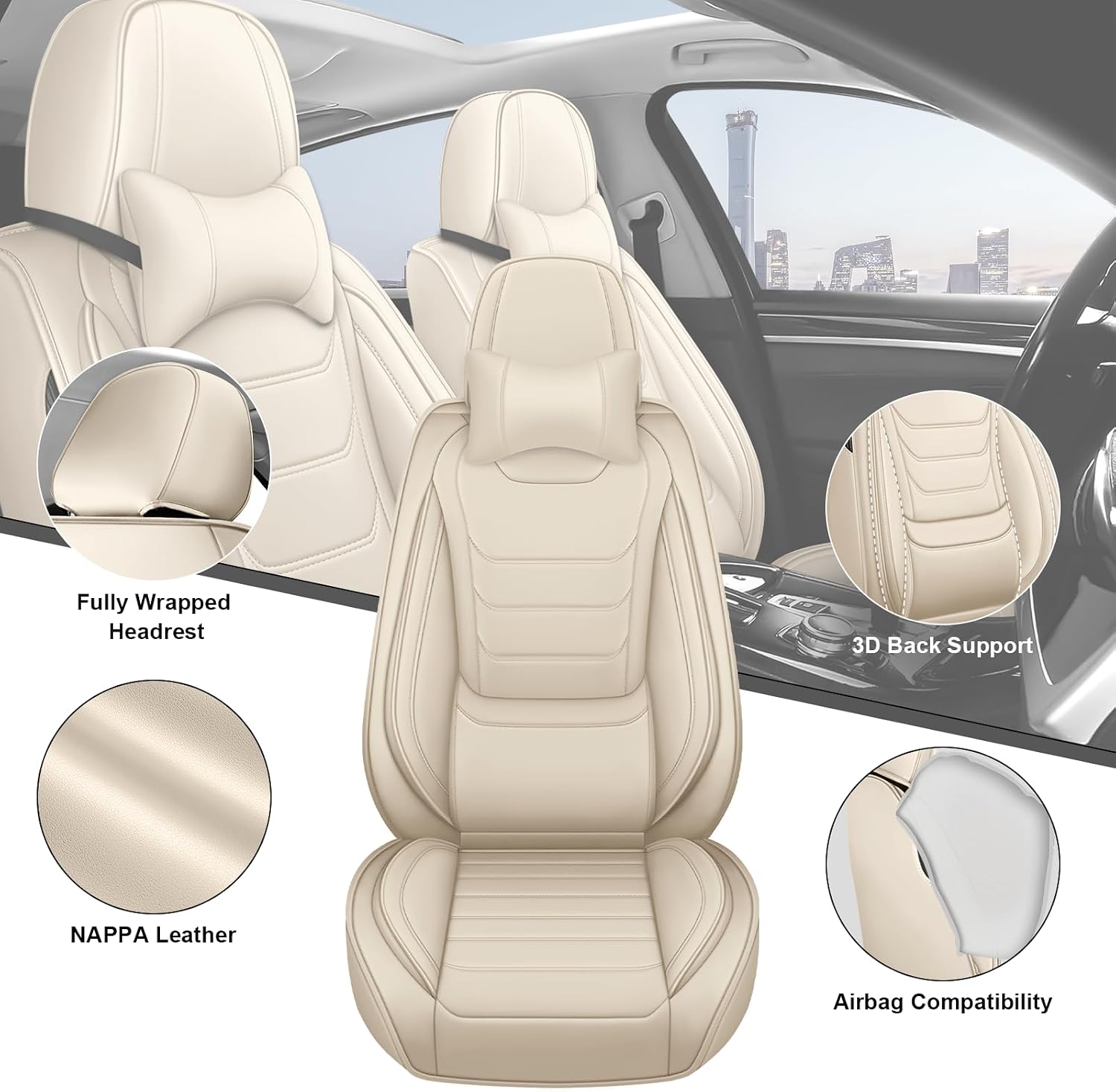 DHAEY Car Seat Covers for Buick Encore GX 2020-2026, Family Seat Covers, Nappa Leather, Wear-Resistant, Anti-Slip, Waterproof, 2PCS Front with Pillows, Beige