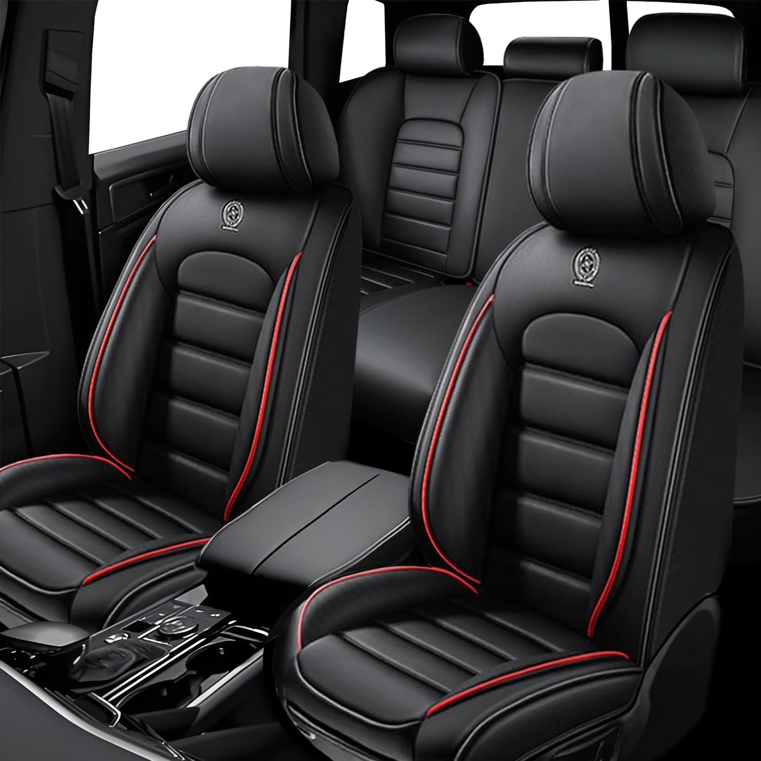 5 Seat Covers for Hummer H3 2006-2010 Leather Car Seat Covers Waterproof Anti-Slip Soft Car Seat Protectors Comfort Automotive Seat Covers with Airbag（Standard,Black+Red Bars）