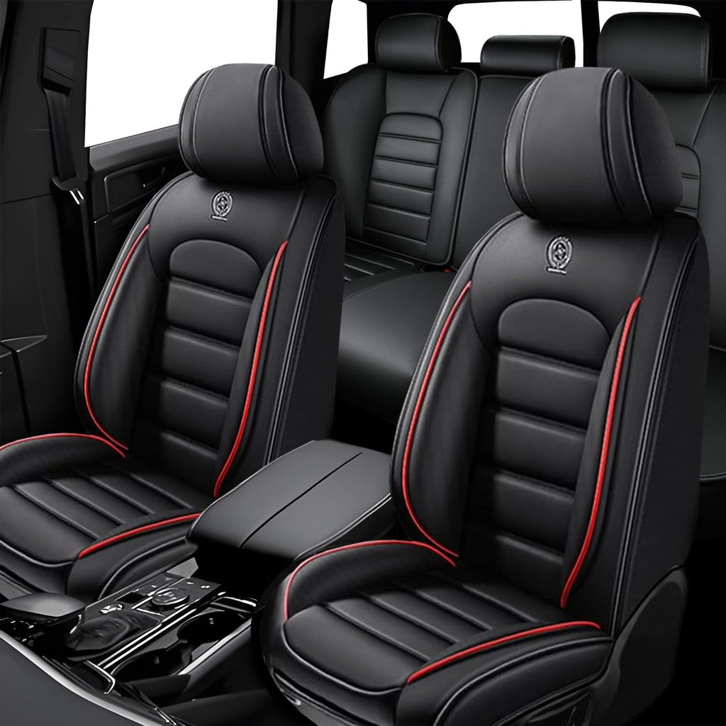 5PCS Leather Pickup Trucks Seat Covers for 2007-2025 2026 Chevy Silverado 2500 HD,Non-Slip Vehicle Car Seat Covers,Airbag Compatible Car Seat Cushion Protectors(Standard,Black+Red Bars)
