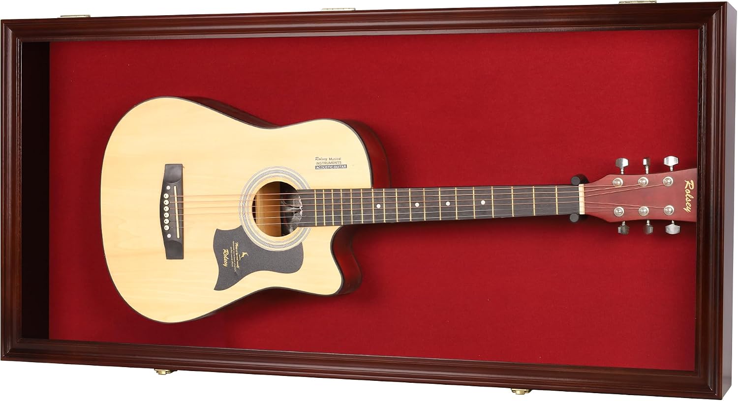 DisplayGifts 45' Acoustic Guitar Display Case Cabinet Wall Mountable Guitar Case Frame Fits Most Guitars 98% UV Protection Red Felt Interior Mahogany Finish