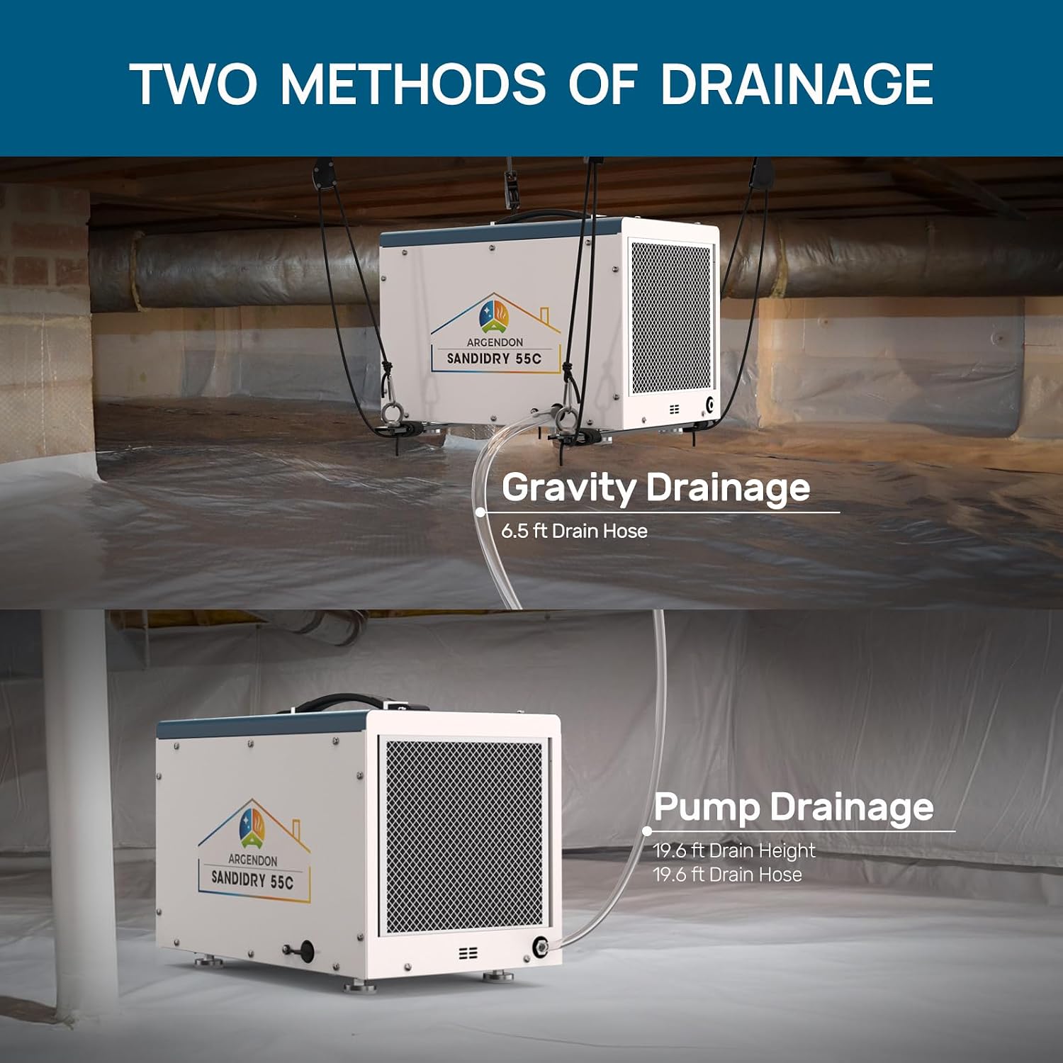 ARGENDON Commercial Dehumidifiers with Pump and Drain Hose for Crawlspace, Basement, 120 PPD Crawl Space Dehumidifier for Large Spaces, Job Site, Auto Defrost, 5-Year Limited Warranty