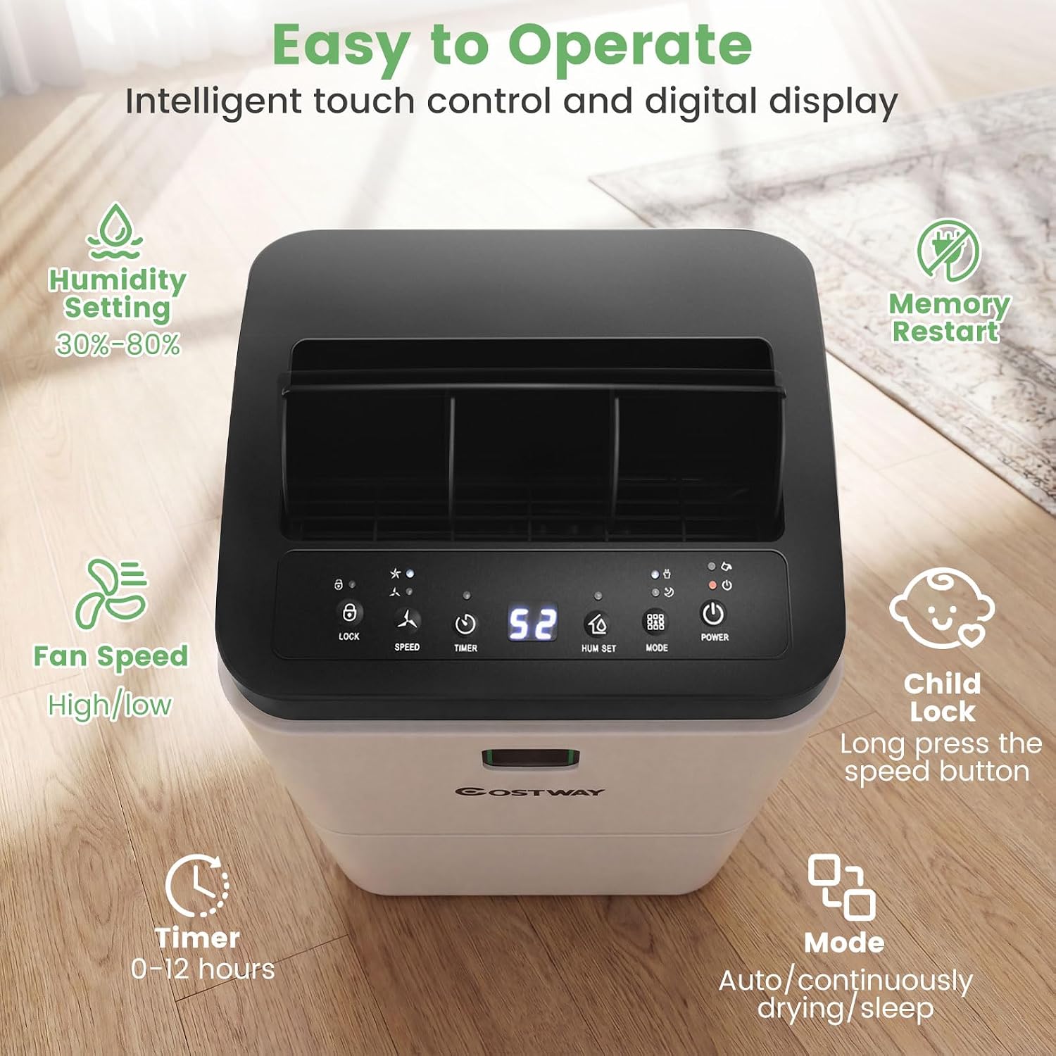 COSTWAY Dehumidifier for Large Room & Basements, 1500 Sq. Ft Portable 30 Pints Dehumidifier with 3 Color LED Light, 3 Modes, 2 Speeds, 12H Timer, Auto or Manual Drainage