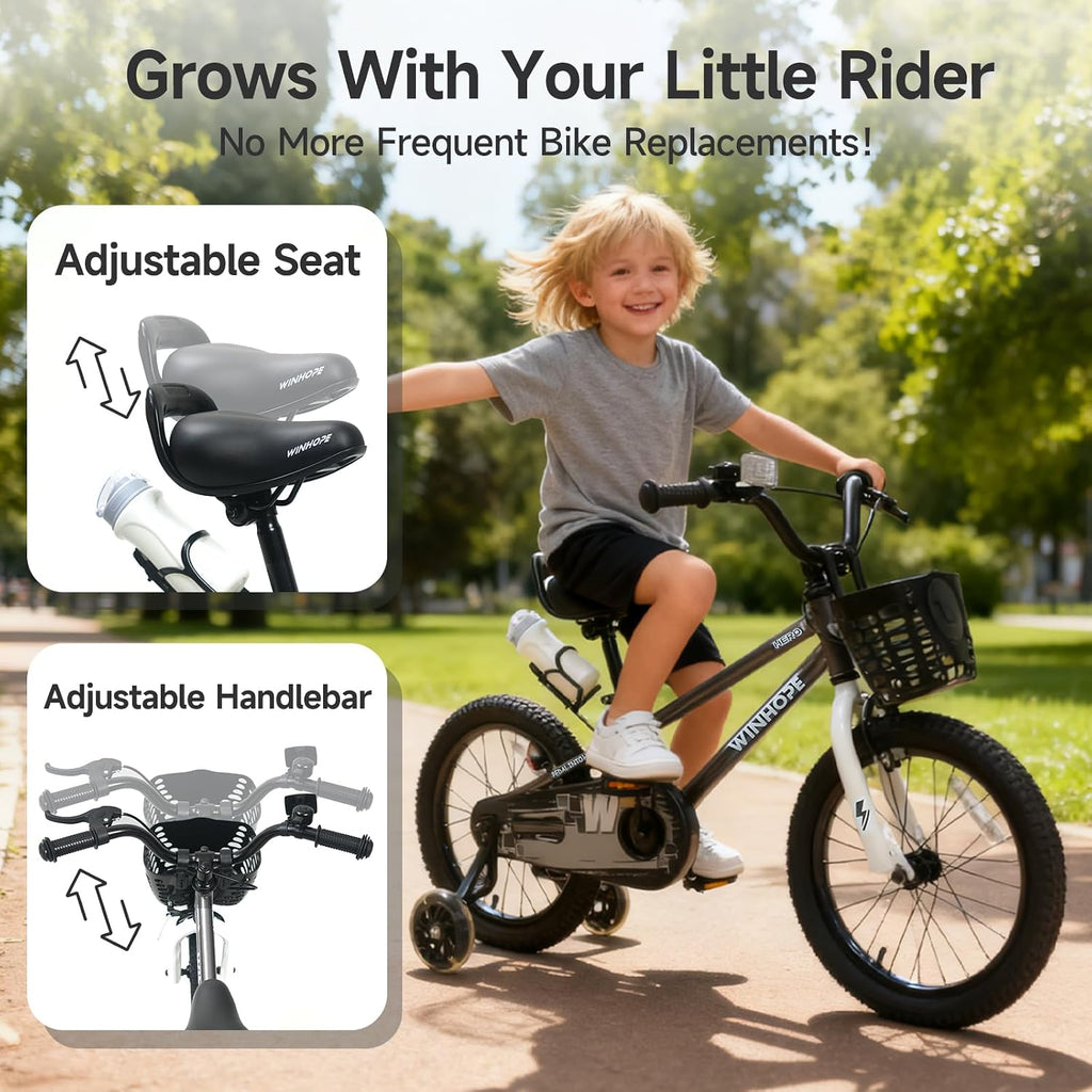 WinHope Kids Bike, 12 14 16 18 Inch Toddler Bicycle with Light Up Training Wheels and Dual Brakes, Children Bike for Beginner with Adjustable Seat and Headlebar for Boys Girls 2-9, Multiple Colors