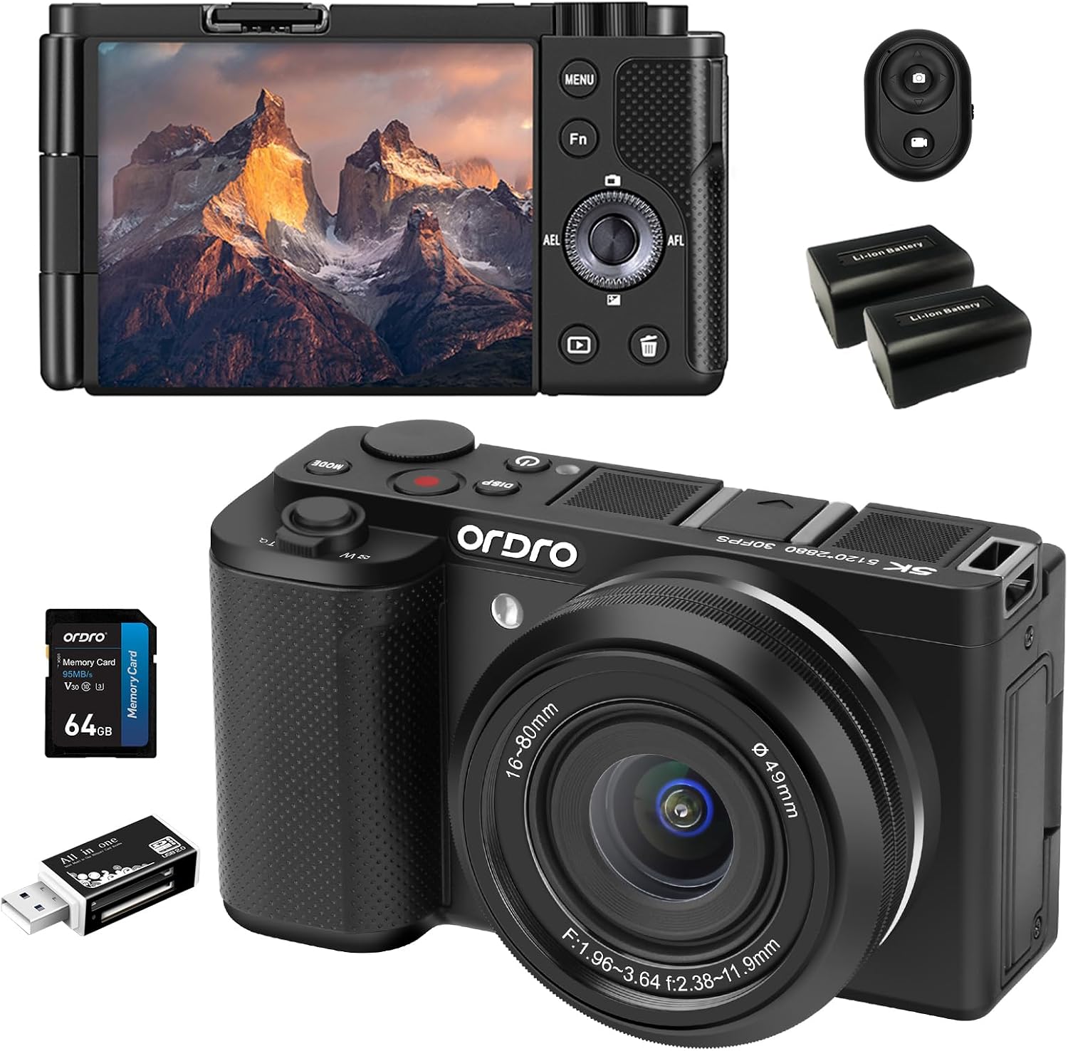 ORDRO G930 5K 64MP Digital Camera for Photography, Autofocus Video Camera 3.2'' Flip Vlogging Camera with 5X Optical Zoom-Compact Travel Cameras with 2 Batteries 64G Card