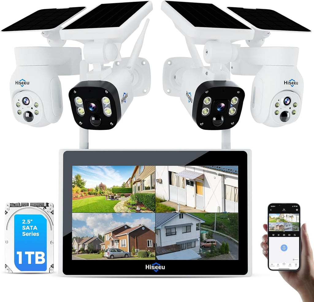 Hiseeu [1TB HDD,4MP Spotlight] Solar Home Security Camera System,PTZ Dome + Bullet Solar Security Cameras Wireless Outdoor,10CH 10 Inch LCD 4K NVR,Smart Human Detection,2-Way Audio,Motion Record