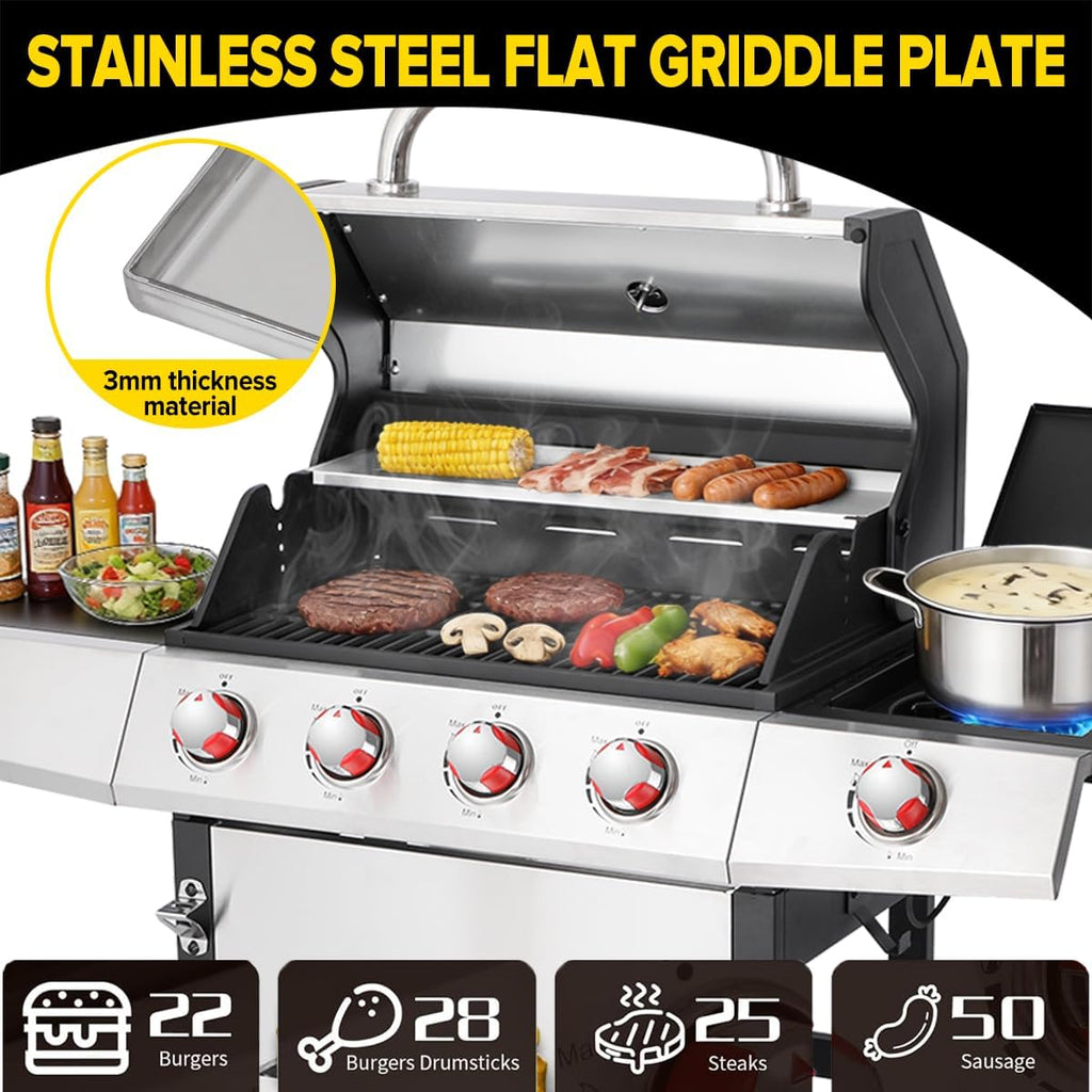 CIG GARDEN Dual Fuel Grill Combo, Propane & Charcoal BBQ with 52,000 BTU, 2 Side Shelves, Cast Iron Grid & Griddle Plate, Outdoor Grill for Patio, Backyard, Garden, Silver & Black