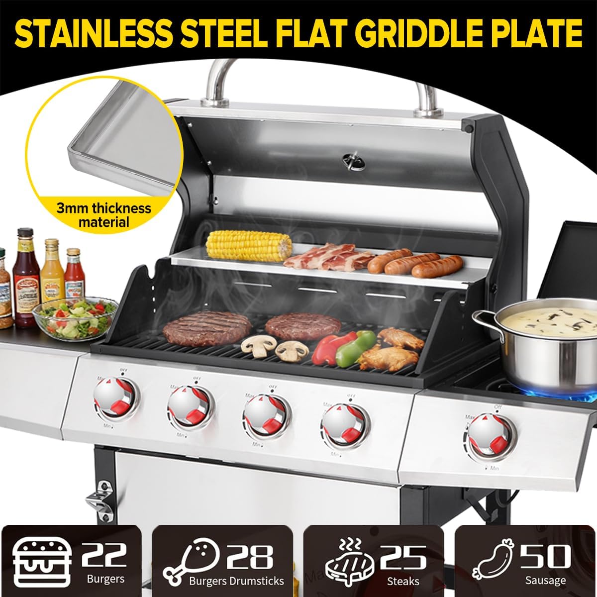 CIG GARDEN Dual Fuel Grill Combo, Propane & Charcoal BBQ with 52,000 BTU, 2 Side Shelves, Cast Iron Grid & Griddle Plate, Outdoor Grill for Patio, Backyard, Garden, Silver & Black