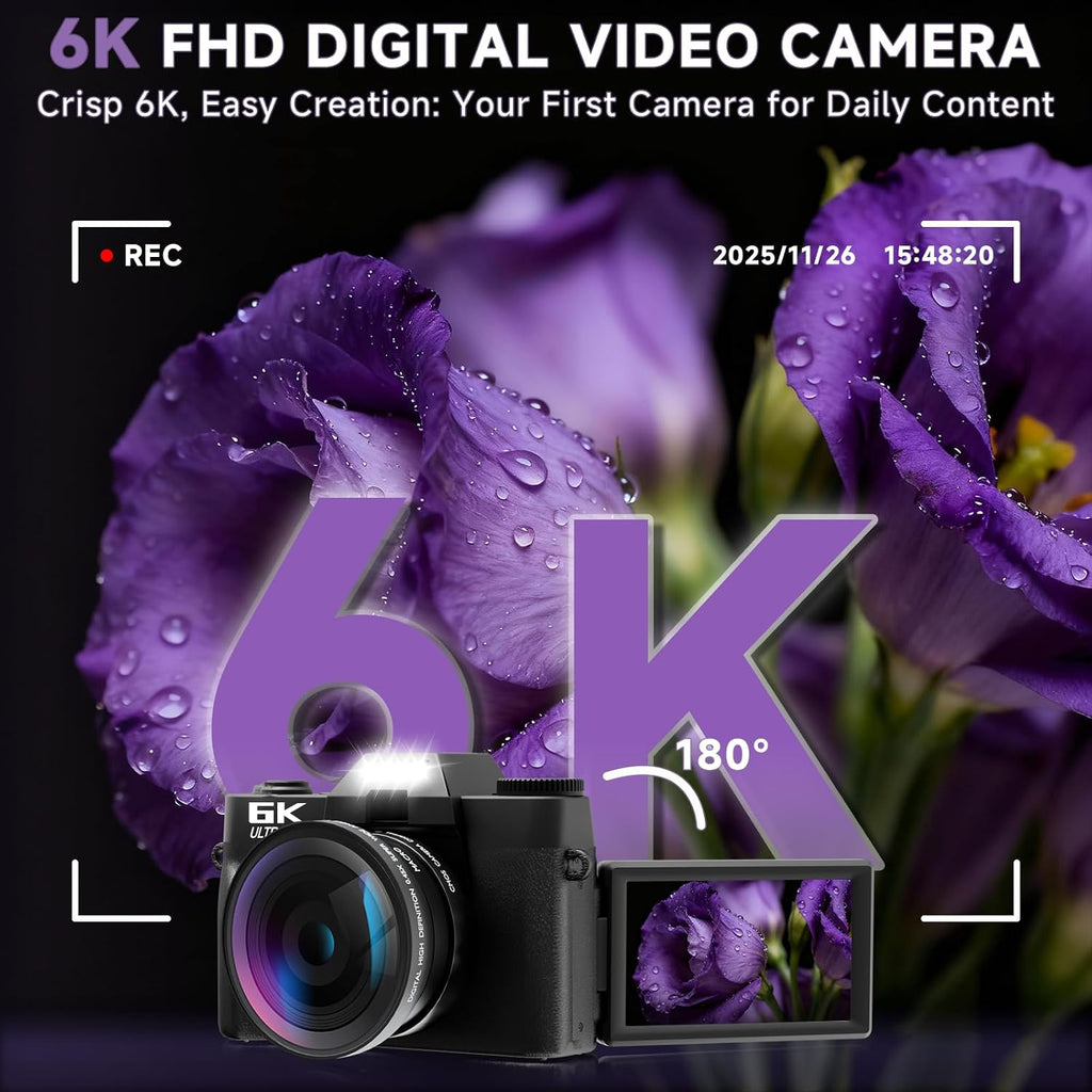 6K Digital Camera for Photography Autofocus, 2026 Upgraded 64MP WiFi Vlogging Camera for YouTube with 3' 180° Flip Screen 16X Zoom, 64GB SD Card & 2 Batteries Compact Travel Camera for Beginners Teens