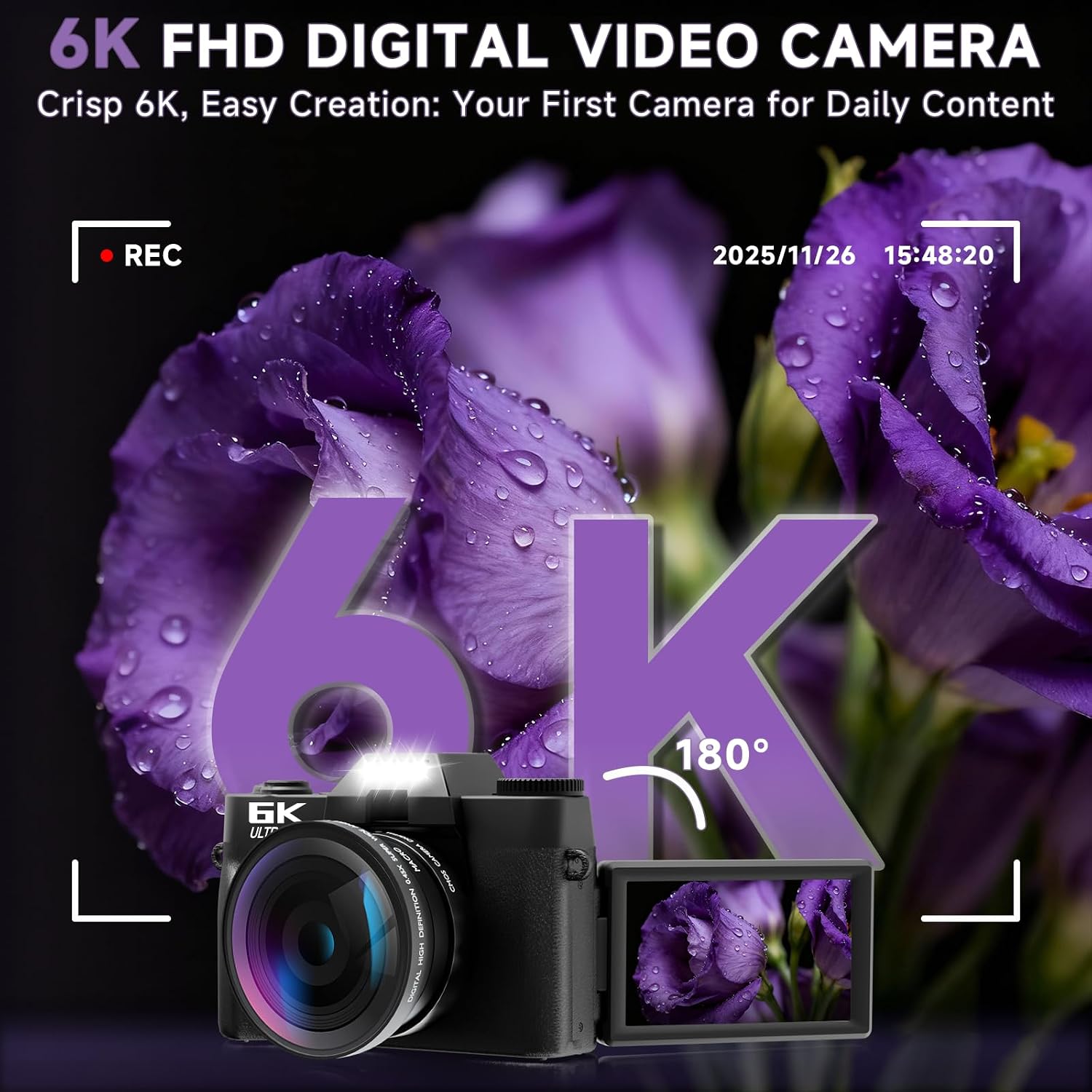 6K Digital Camera for Photography Autofocus, 2026 Upgraded 64MP WiFi Vlogging Camera for YouTube with 3' 180° Flip Screen 16X Zoom, 64GB SD Card & 2 Batteries Compact Travel Camera for Beginners Teens