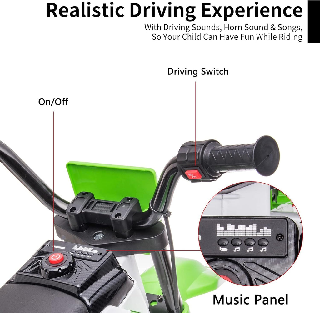 Electric Dirt Bike for Kids 12V Battery Powered Electric Motorcycle for Kids Ride On Toy Rechargeable Electric Motorbike with Training Wheels 2 Speeds Music Shock Absorber, Green