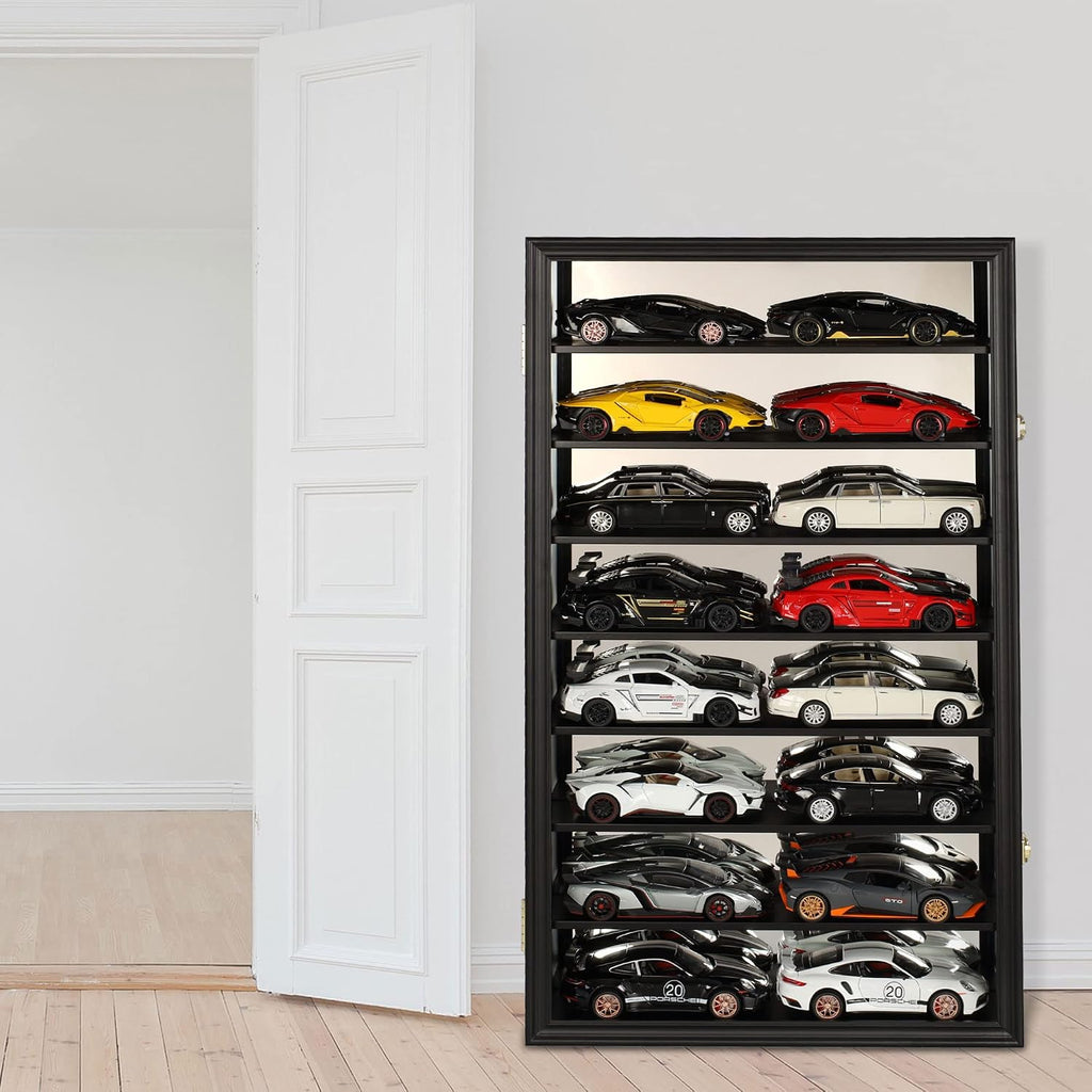 Display Case for 1:24 - 1:18 Scale Diecast Toy Model Cars Hot Small Toy Car Wheels Storage Showcase, 98% UV Protection, 4mm Thick Acrylic (Black-1:24 Scale-Holds 16)