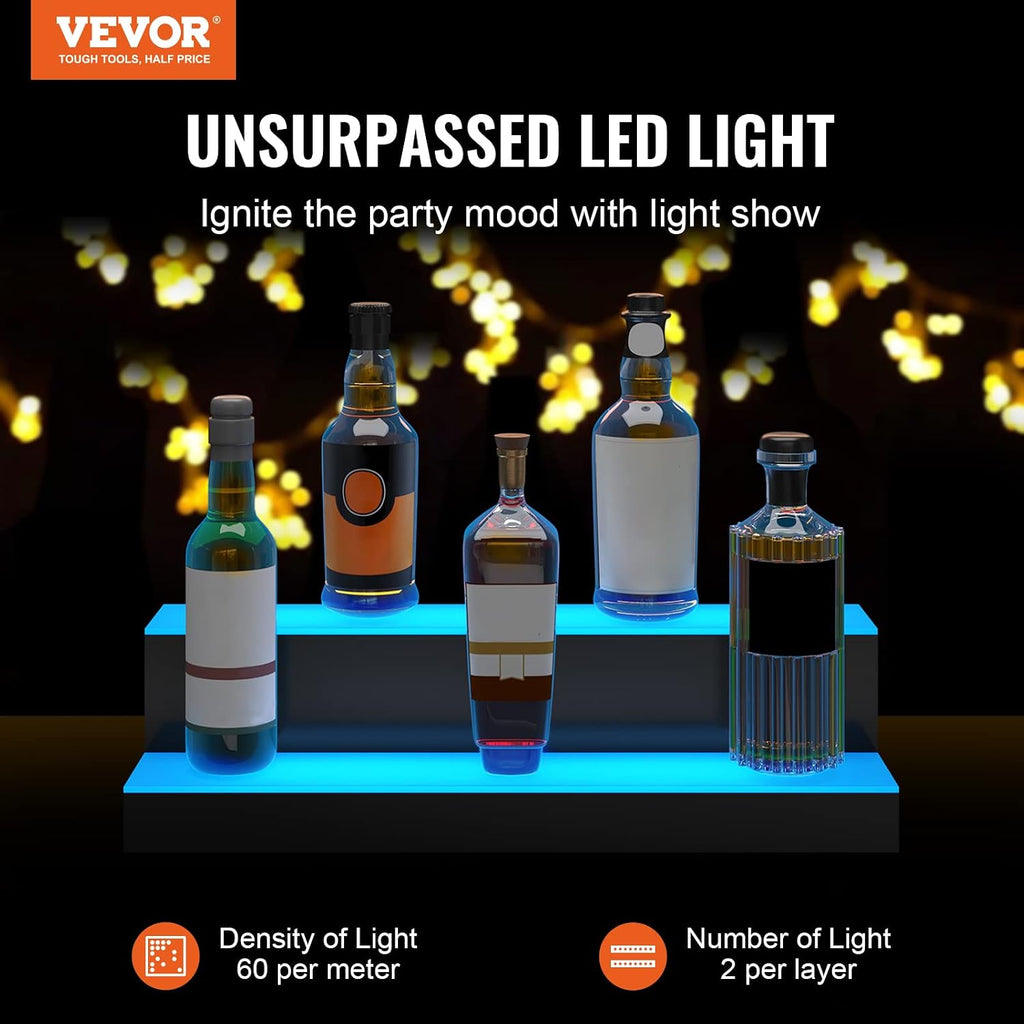 VEVOR LED Lighted Liquor Bottle Display, 2 Tiers 24 Inches, Supports USB, Illuminated Home Bar Shelf with RF Remote & App Control 7 Static Colors 1-4 H Timing, Acrylic Lighted Shelf for 12 Bottles