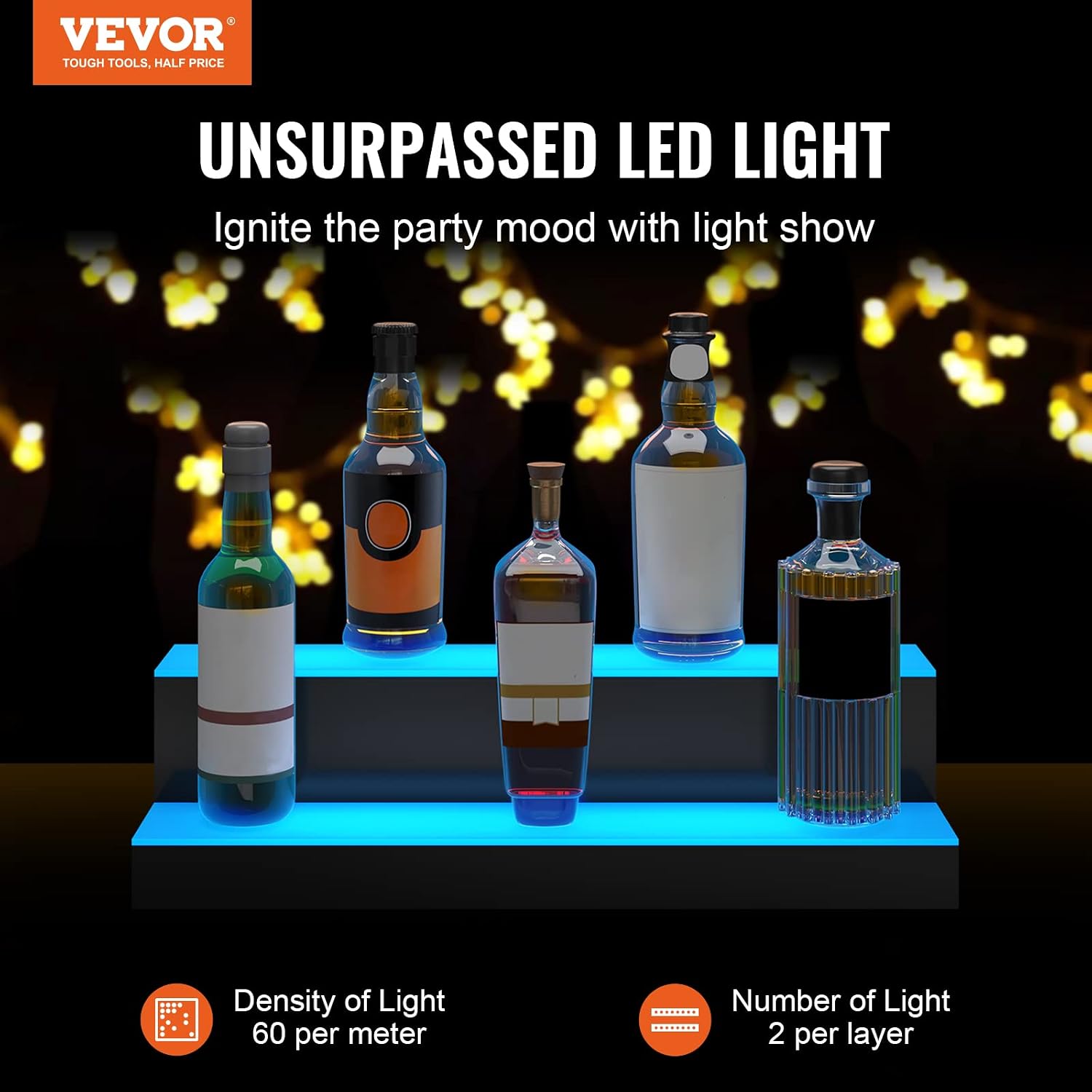 VEVOR LED Lighted Liquor Bottle Display, 2 Tiers 24 Inches, Supports USB, Illuminated Home Bar Shelf with RF Remote & App Control 7 Static Colors 1-4 H Timing, Acrylic Lighted Shelf for 12 Bottles