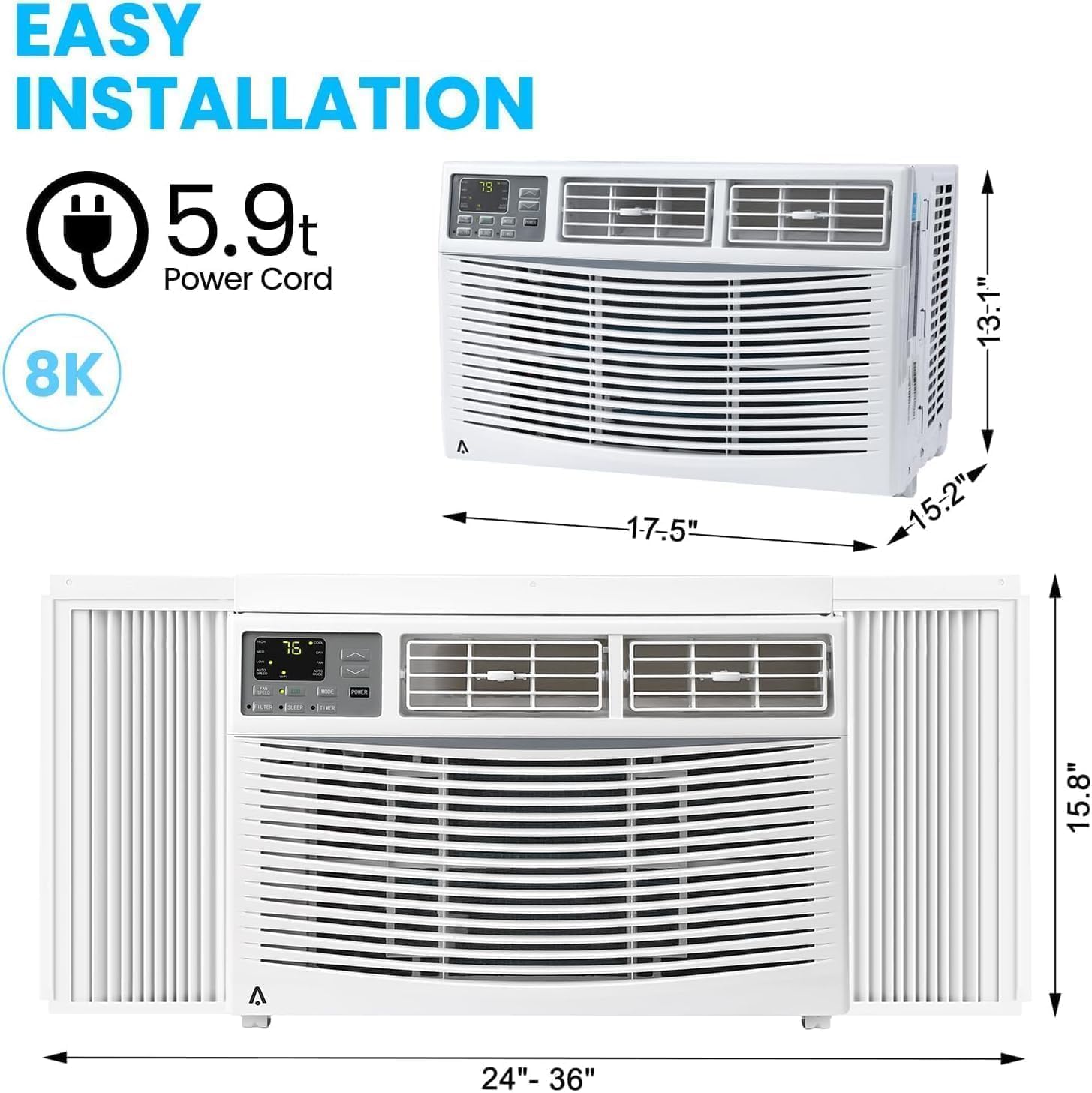 8000 BTU Window Air Conditioner Cools Up to 350 Sq. Ft., 3-In-1 WiFi Window AC Unit With Remote Control and Window Kit, Quiet Smart Room Air Conditioner for Home Office Dorms