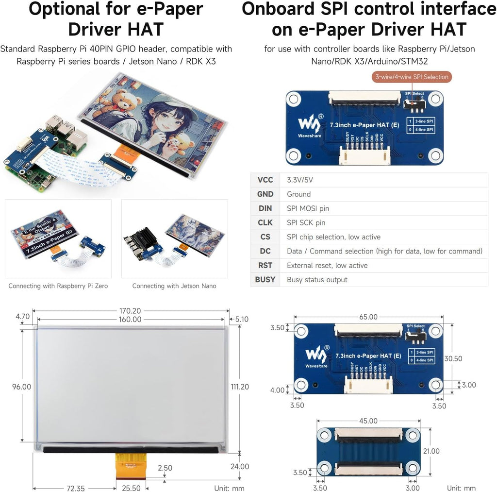 Waveshare 7.3inch 6-Color E-Paper Display Module, Compatible with Raspberry Pi 5/4B/3B/Zero/Zero W/Zero 2W/Pico/Pico W/Pico WH, Support Jetson Nano/Jetson Orin Nano