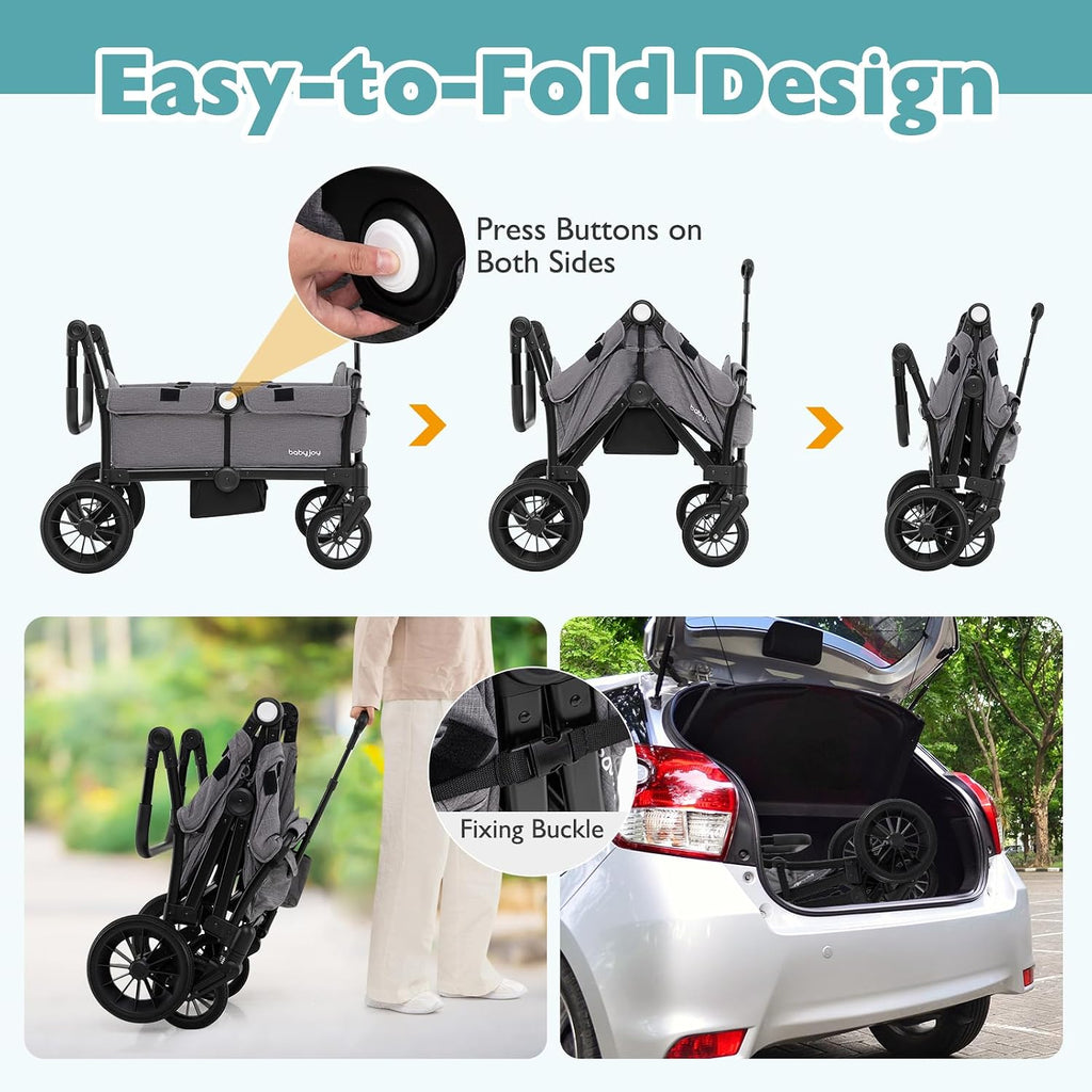 BABY JOY Wagon Stroller for 2 Kids, Collapsible Push Pull Double Stroller Wagon with Adjustable Handle Bar, Removable Canopy, Safety Harness, Cup Holder, Snack Tray & Storage Bag (Gray)
