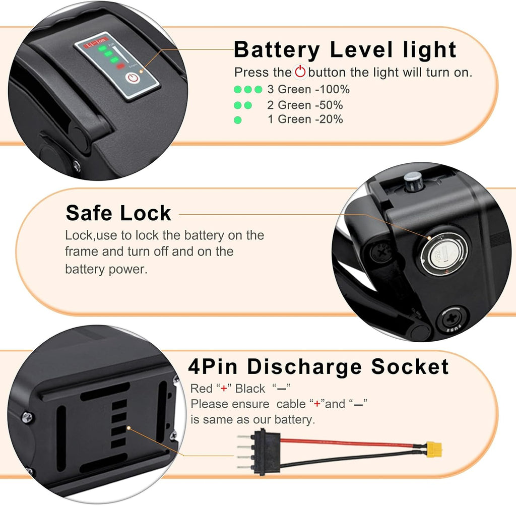 48V E-Bike Battery, Silver Fish Lithium Batteries 30A BMS, Safe Lock, Led Indicator Light for Controller 0W-1000W Electric Bike Bicycles Motor (48V 15AH 0-1000W)