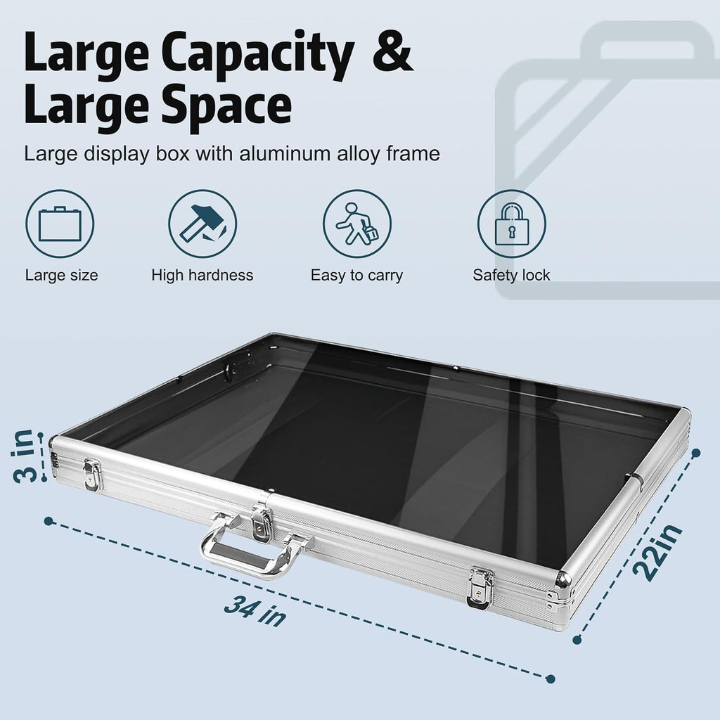 Silver Large 34'x22' Aluminum Show Card Display Case, Lockable Trading Card Display Case with Handle, Sports Card/TCG/Jewelry Display Box Silver