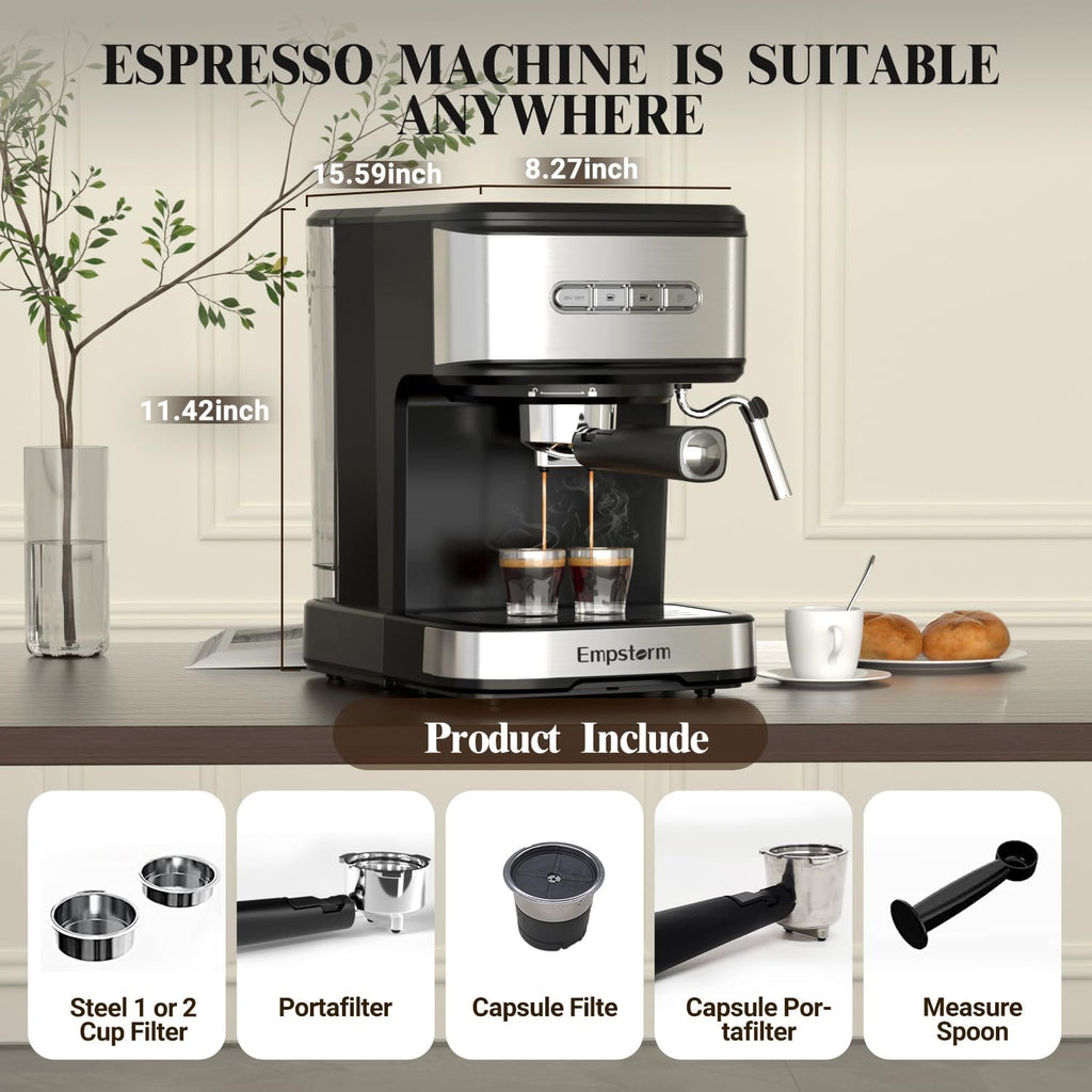 Espresso Machine 20 Bar, 2 in 1 Espresso Maker with Milk Frother Steam Wand for Latte and Cappuccino, Powder and Capsule Portafilter, 50oz Removable Water Tank expresso Coffee Machine for Home-Silver