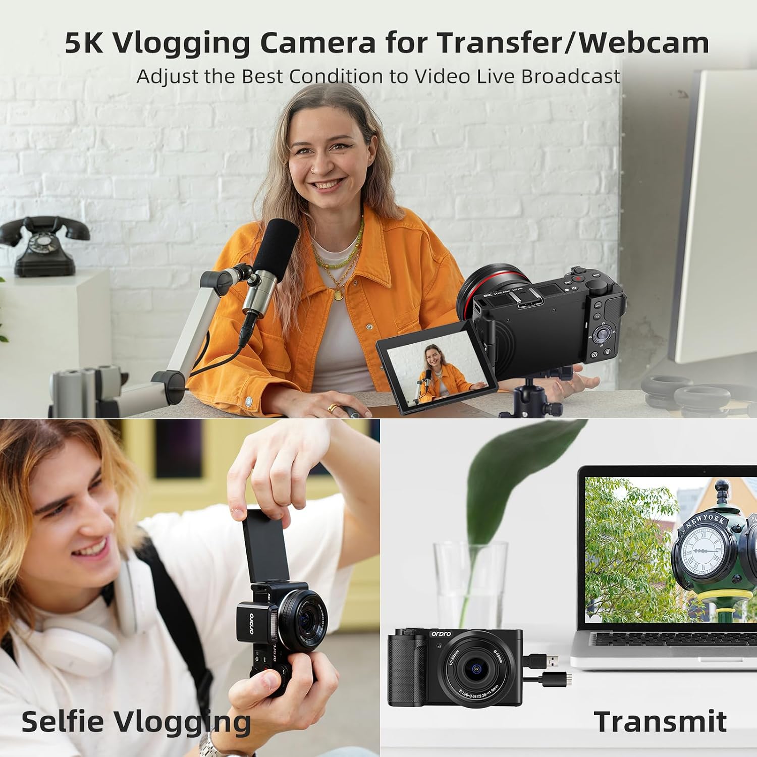 ORDRO G930 5K 64MP Digital Camera for Photography, Autofocus Video Camera 3.2'' Flip Vlogging Camera with 5X Optical Zoom-Compact Travel Cameras with 2 Batteries 64G Card