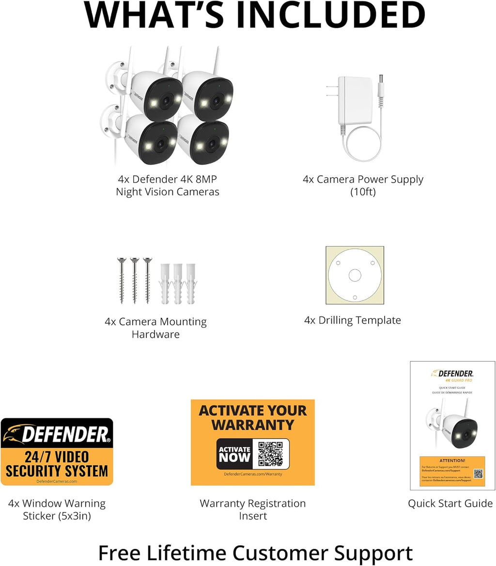 Defender AI Powered 4K Guard Pro 8MP WiFi 6, Plug-in Power Wireless Security Camera Outdoor, with Smart AI Human Detection, Bluetooth, Two-Way Talk, Works w/Guard App, 4 Pack