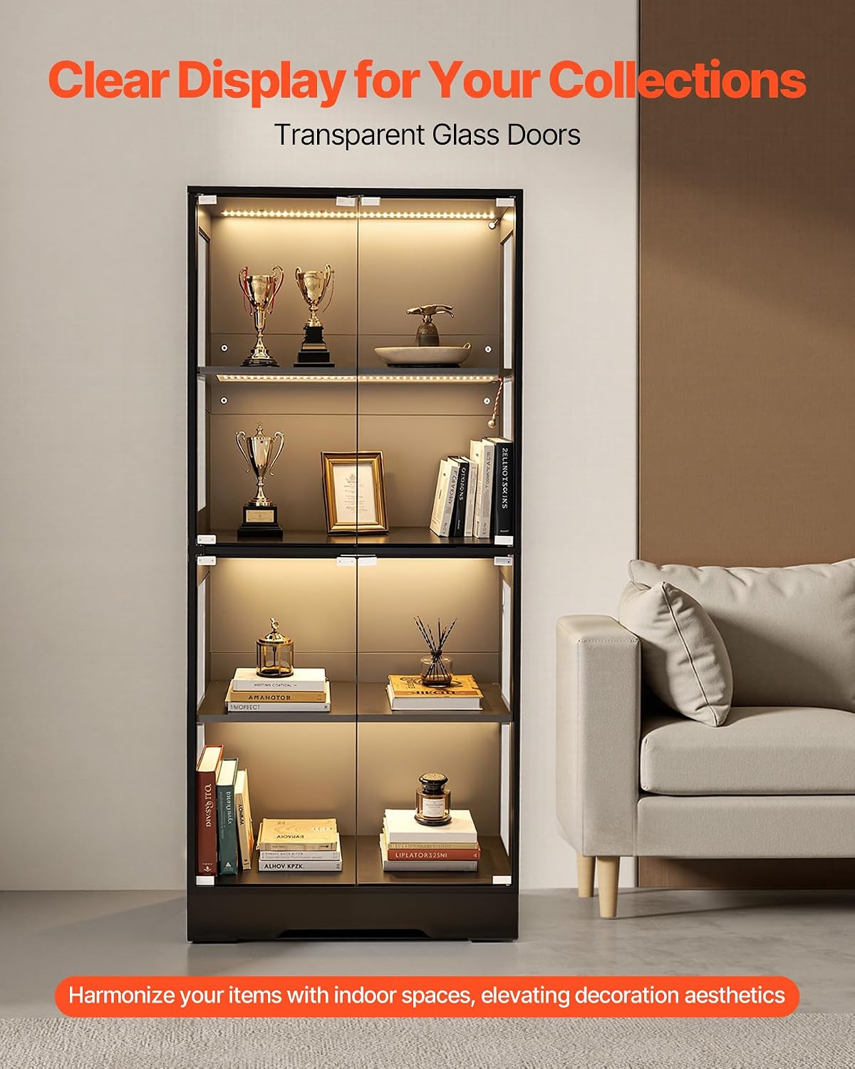 VEVOR Display Cabinet with Glass Doors, 65 in Tall Lighted Display Case with 3 Color Lights, 4-Tier Curio Collectibles Storage Cabinet, Bookshelf Bookcase for Pantry Bedroom Living Room Office