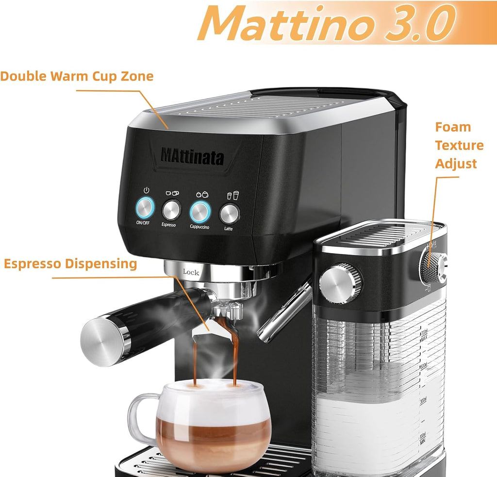 MAttinata Cappuccino Machine 20 Bar, Professional Espresso Machines for Home and Office with Automatic Milk Frothering System, Barista Compact Latte Maker for Coffee Lovers, Stainless Steel-Black