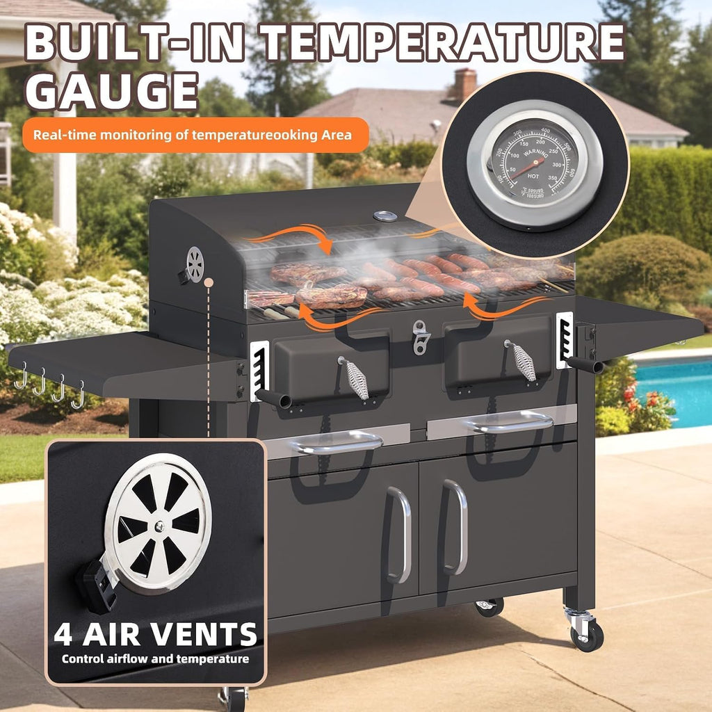 MELLCOM Charcoal Grills, 36 In Large BBQ Grill with Storage Cabinet, 620 Sq.In Oversized BBQ Area, Individual Lifting Charcoal Trays, Foldable Side Tables and Thermometer for Patio, Outdoor, Balcony