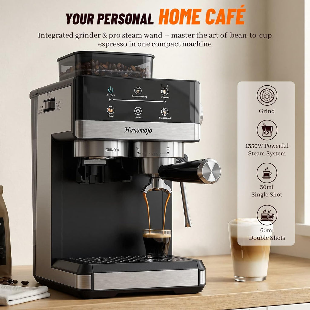Espresso Machine with Grinder, 20Bar Expresso Coffee Machines with Milk Frother, Professional Compact Stainless Steel Coffee Maker for Espresso, Latte & Cappuccino, Perfect for Home Use