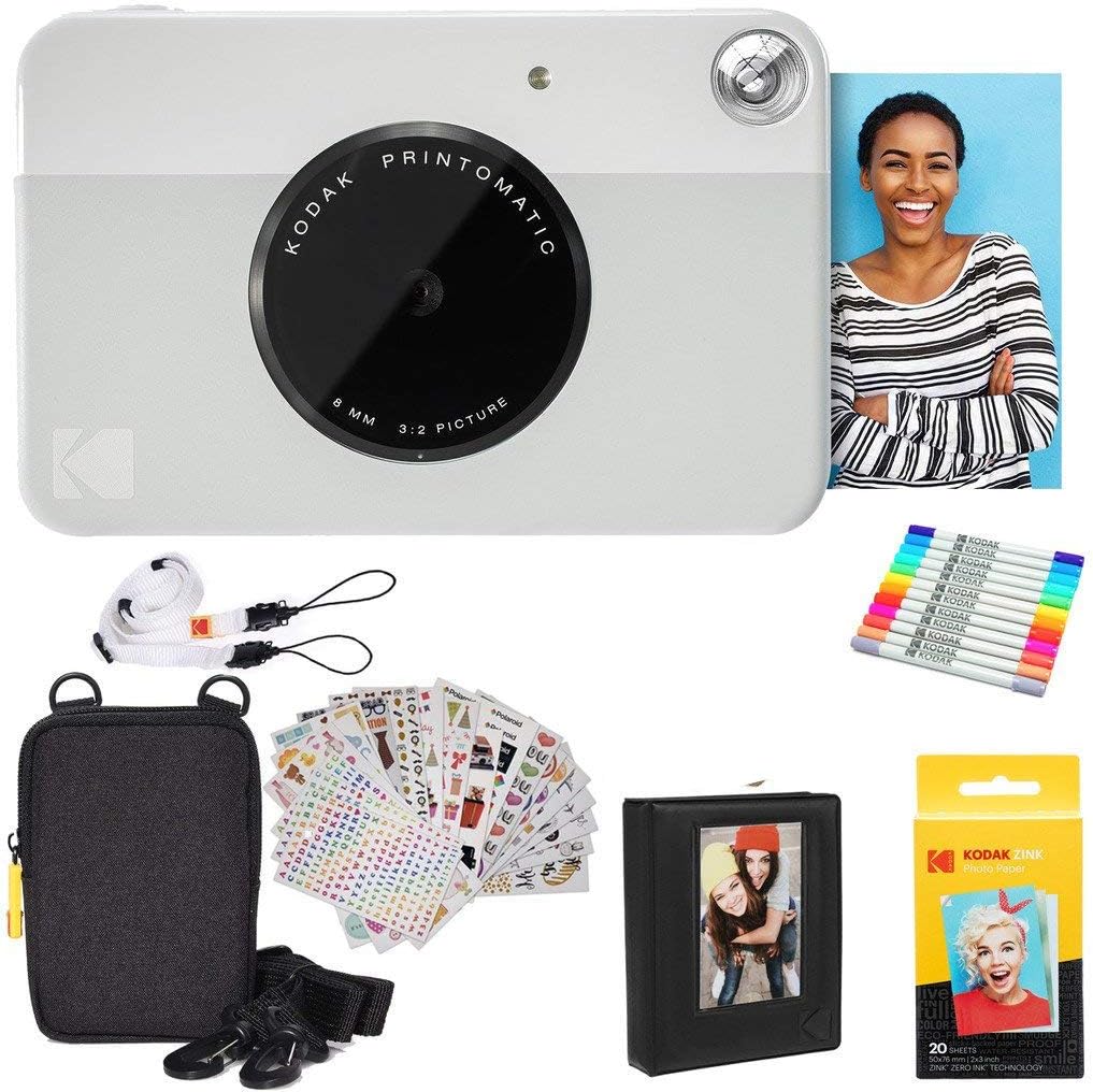 KODAK Printomatic Full-Color Instant Print Digital Camera Colorful Photos On Zink 2x3' Sticky-Back Photo Paper 5MP Gift Bundle: Case + Zink 2x3' 20pk + Album + Stickers + Frames + Markers - Grey