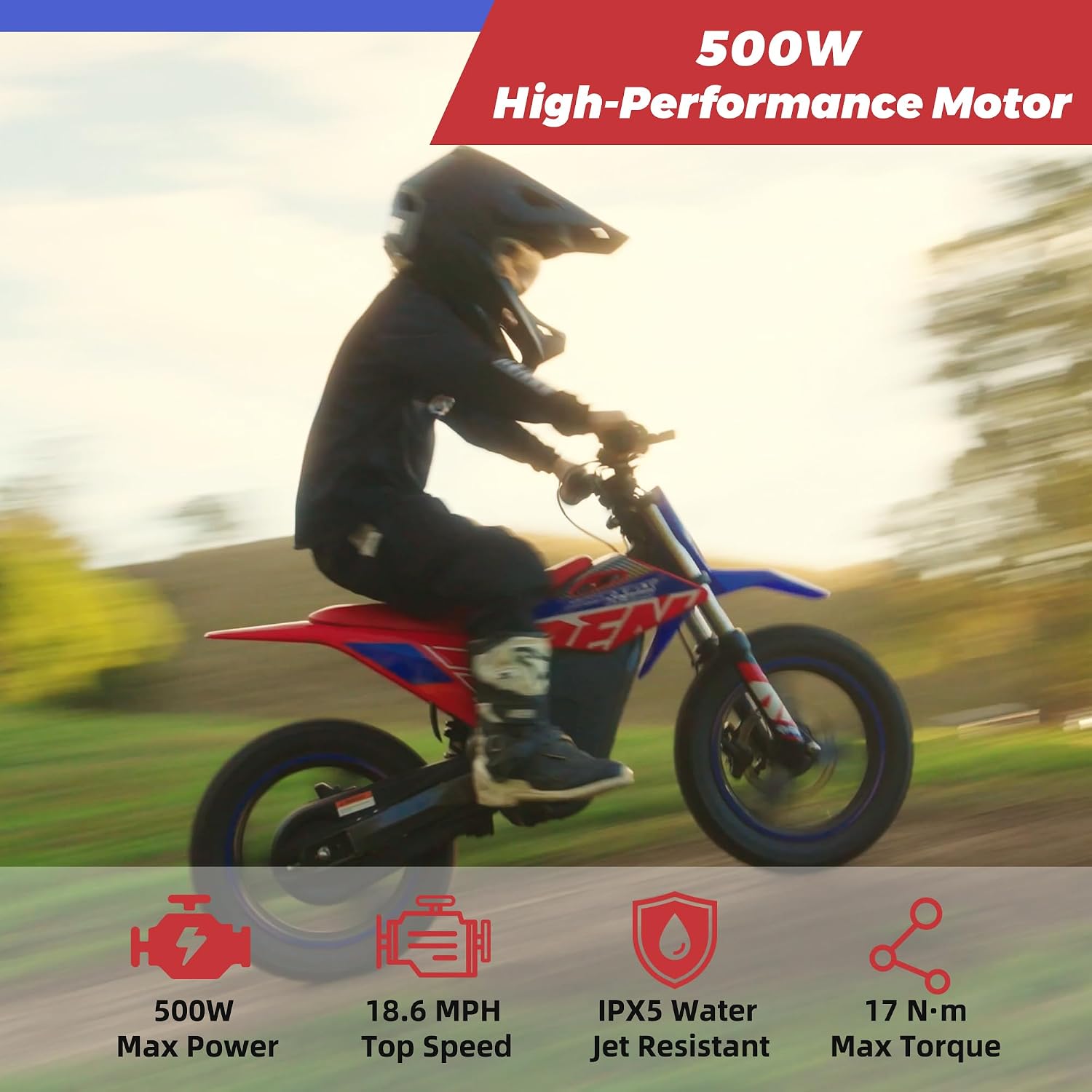 RFN SX-E350 36V Electric Bike, 500W Electric Motorcycle 18.6 mph Max Speed & 11.2 Mile Range, 3-Speed Electric-Dirt-Bike for Kids Ages 4-8